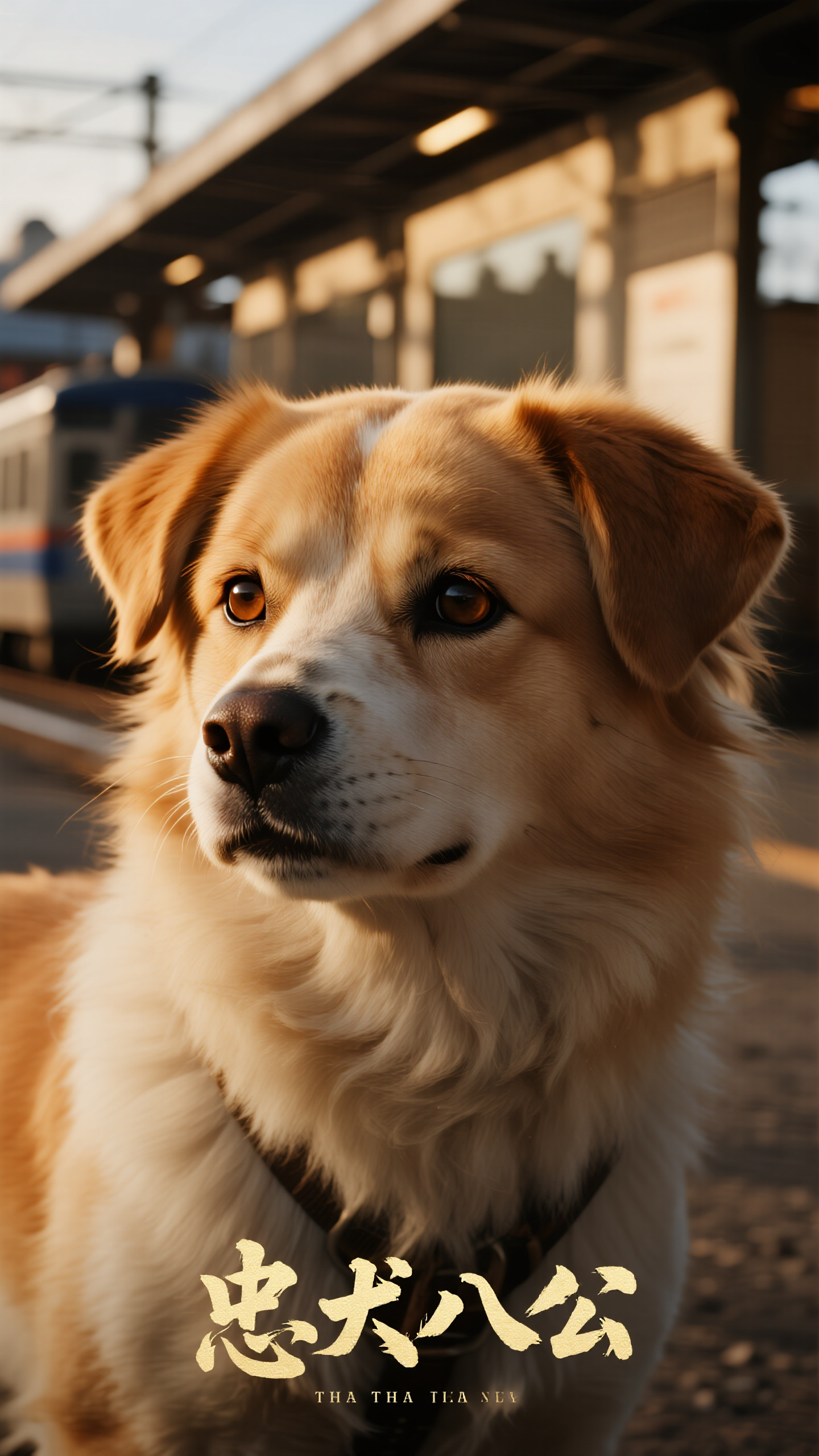 电影海报,忠犬八公电影海报,秋田犬八公深情侧脸特写,毛茸茸耳朵微微下垂,棕色眼神充满忠诚与等待,细腻毛发质感层次分明,火车站背景虚化处理,黄昏暖光洒在犬脸上,营造感人至深氛围,怀旧复古色调,米黄棕色暖色系,情感化电影摄影手法,"忠犬八公"毛笔字中文标题,古朴韵味,英文字体简洁典雅,温情催泪片海报风格,大师级情感表达,写实油画质感