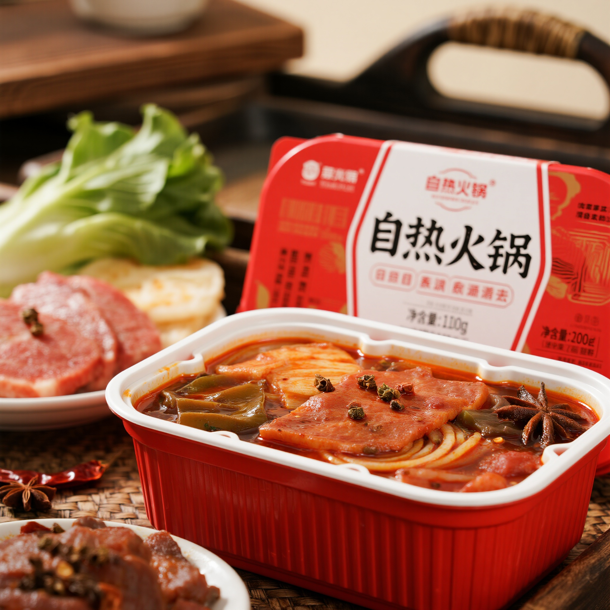 电商主图自热火锅,自热火锅产品摄影,红色包装盒,蒸汽冒出效果,丰富食材展示,辣椒元素点缀,川菜文化氛围,便民快餐概念,食欲刺激视觉,速食电商宣传图