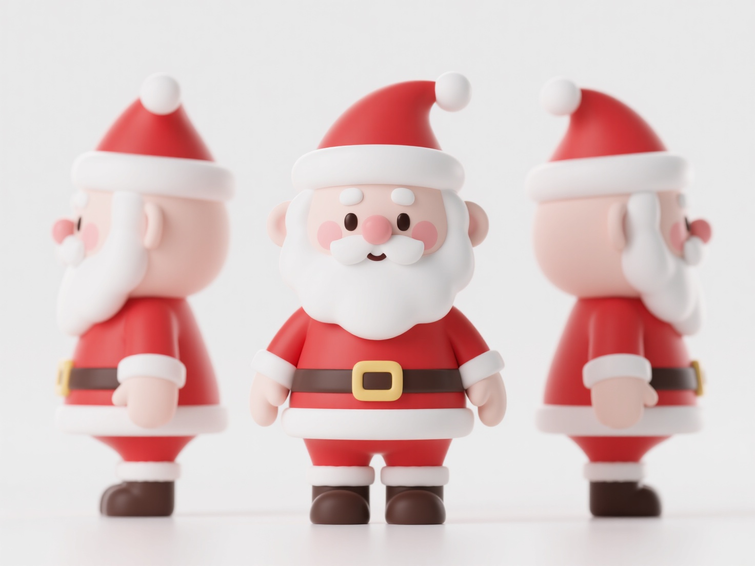 Q版IP圣诞老人,帮我以圣诞老人为原形设计一个卡通可爱的IP形象,3d风格,高质量渲染,纯白色背景,三视图