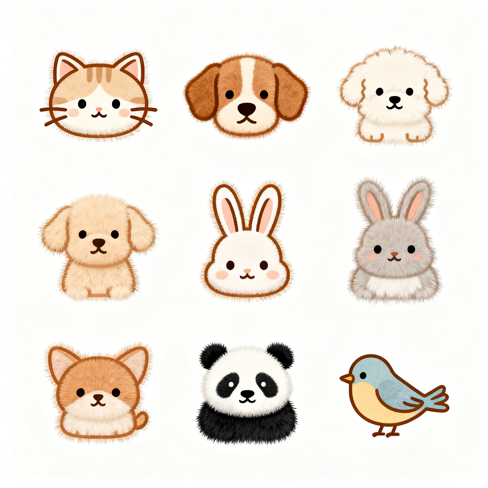 UI线面图标,萌宠动物UI线性图标合集,包含小猫咪、小狗狗、小兔子、小熊猫、小鸟等元素,可爱圆润线条,暖色系搭配,纯白色背景,治愈系风格,毛茸茸质感,温馨童趣