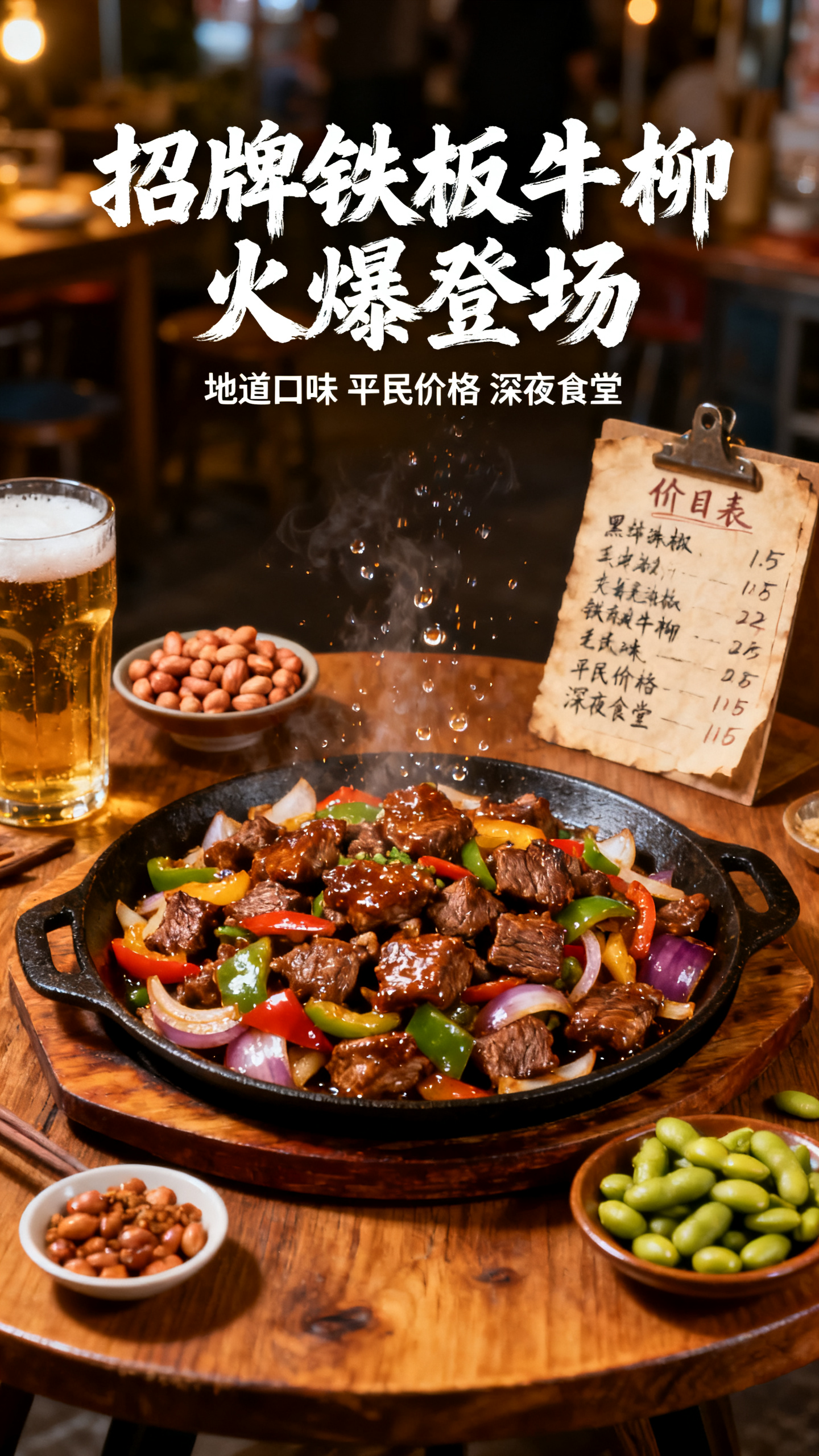 美食海报,大排档新菜海报,铁板滋滋作响黑椒牛柳,焦糖色牛肉块香气四溢,彩椒洋葱炒制配菜,铁板上油花飞溅瞬间,木质圆桌地道摆设,啤酒花生毛豆小菜搭配,烟火气息浓郁氛围,"招牌铁板牛柳 火爆登场"毛笔字体豪放风格,副标题"地道口味 平民价格 深夜食堂",手写价目表复古设计,暖黄灯光营造夜市感,documentary style photography,authentic street food aesthetic,民间美食文化展现