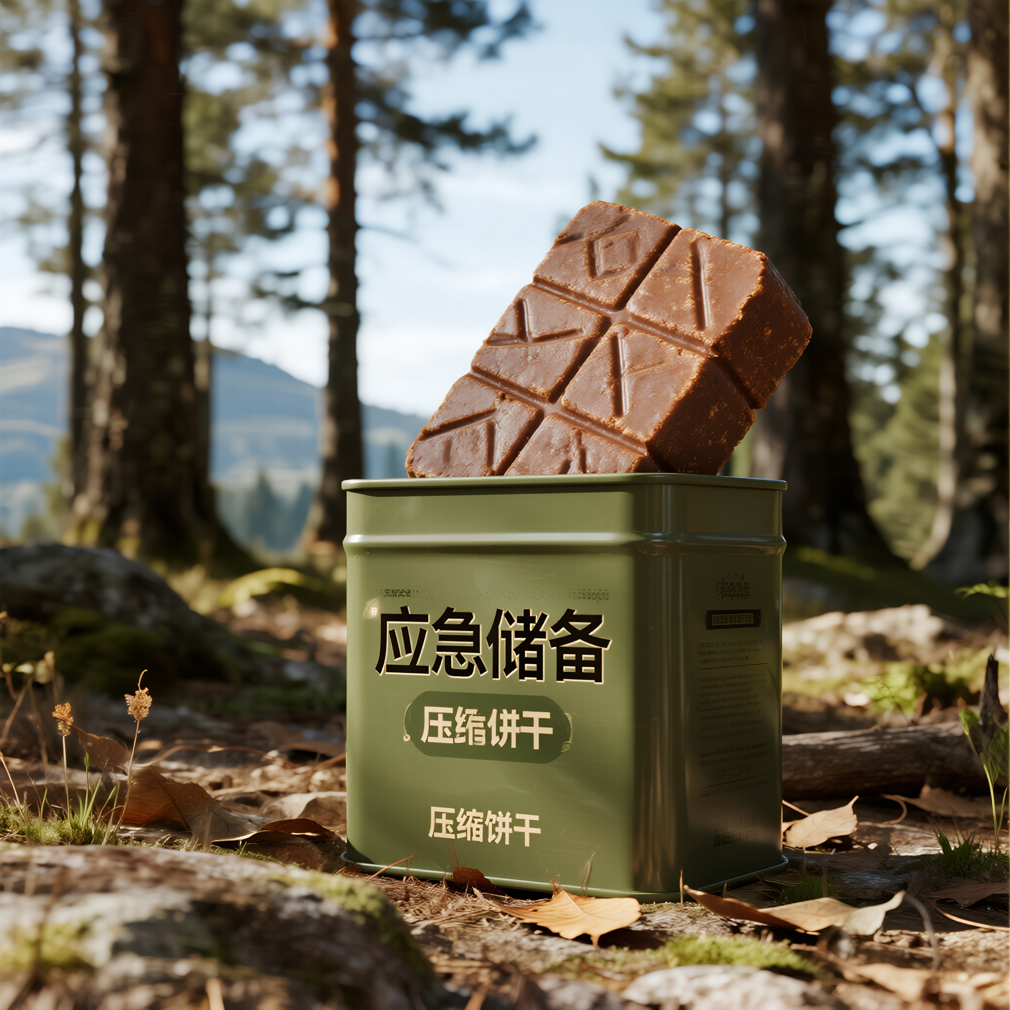 电商主图压缩饼干,压缩饼干应急食品摄影,军绿色包装,户外求生场景,坚硬质地表现,野外生存元素,实用主义美学,应急储备概念,功能性食品展示,电商宣传摄影