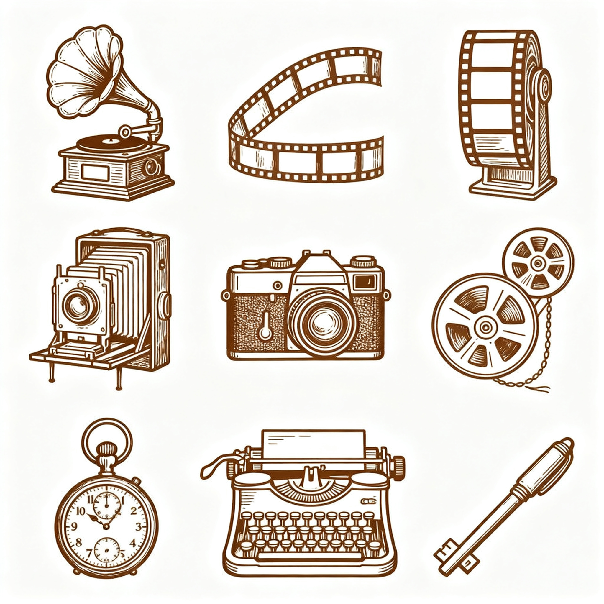 UI线面图标,复古怀旧UI线性图标合集,包含留声机、老式相机、打字机、胶片、怀表等元素,棕褐色调,古典线条,纯白色背景,怀旧质感,复古美学,手工绘制感