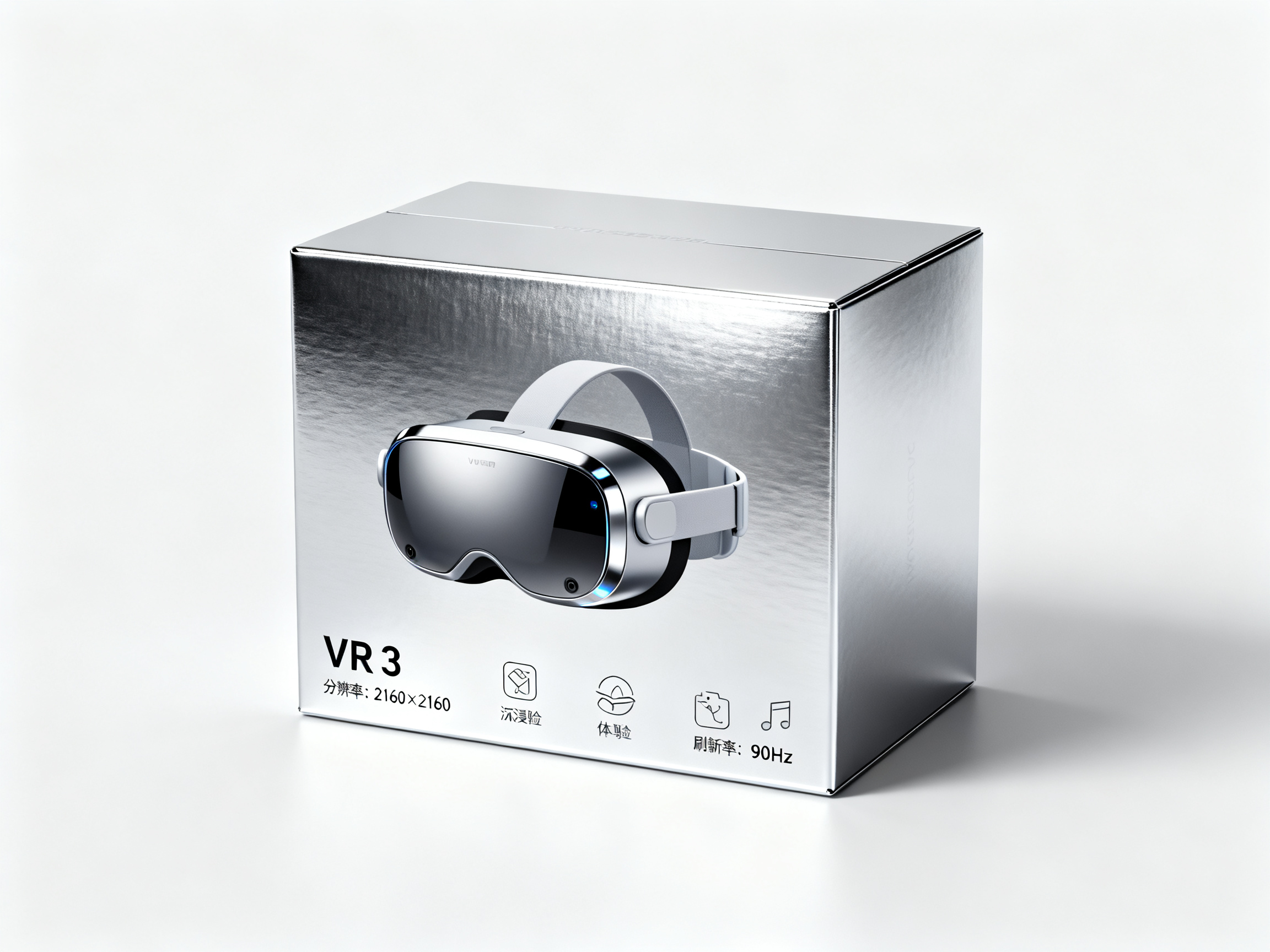 VR眼镜样机包装盒,VR眼镜包装盒样机,未来感银色包装,VR设备3D图像,沉浸体验图标,技术参数标注,金属质感表面,简洁拍摄环境,电器包装盒正面视角,虚拟现实产品主图