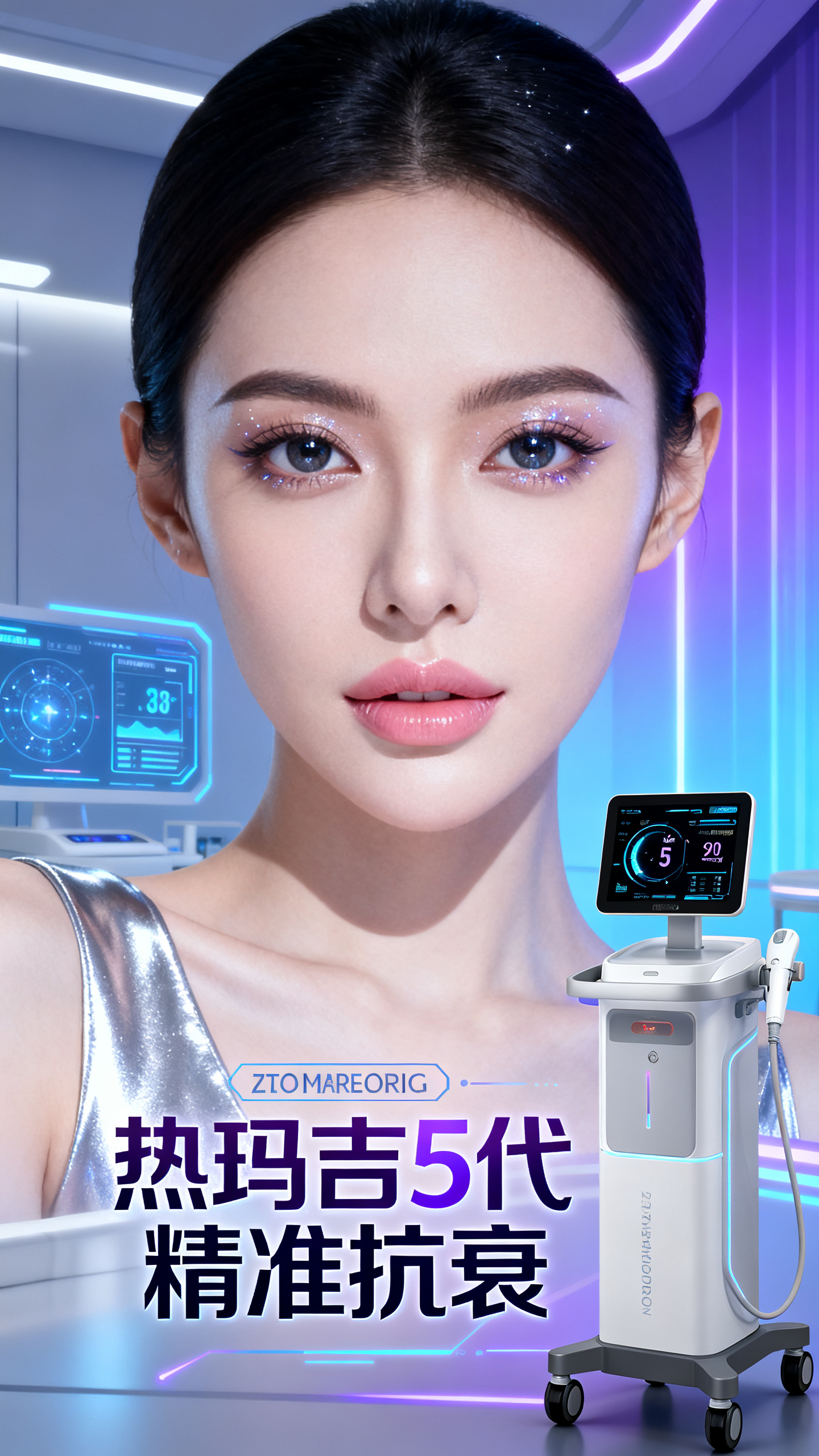 医美海报,前沿科技医美海报,未来感东方女神级网红脸,精致锥子脸完美黄金比例,深邃双眸如星辰闪烁,直挺鼻峰雕塑般立体,淡蜜桃色唇彩自然润泽,瓷白肌肤如玉无瑕,银色调妆容科技美学,身边红外热玛吉设备显示温度数据,数字化屏幕界面未来感,简约医疗空间设计,蓝紫渐变背景光效炫酷,高对比专业摄影打光,极致细节perfect skin修图,"热玛吉5代 精准抗衰"未来字体设计,数码英文标识,前沿医美技术展示