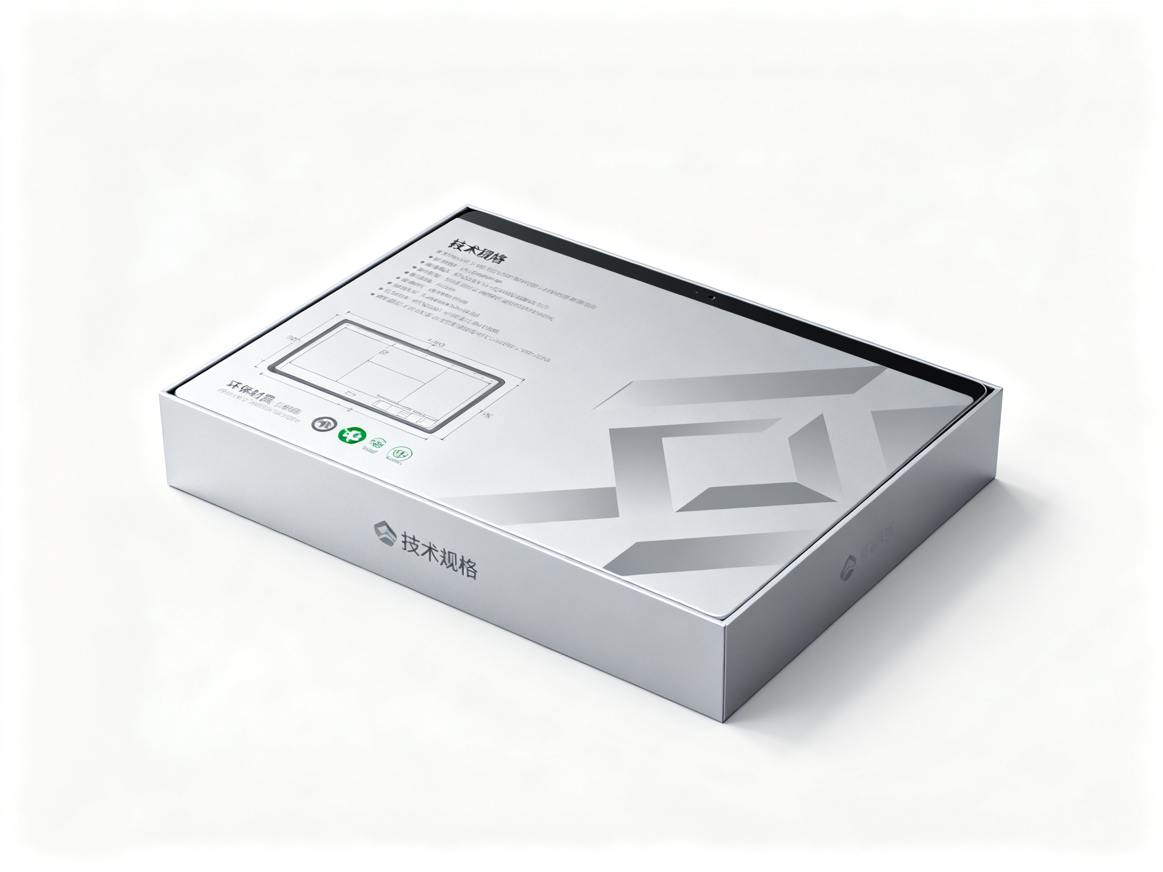 平板电脑样机包装盒,平板电脑包装盒设计,银灰色包装主色调,设备尺寸示意图,技术规格文字,环保材质标识,简约几何图形装饰,无阴影白背景,产品包装正面角度,数码电器主图摄影