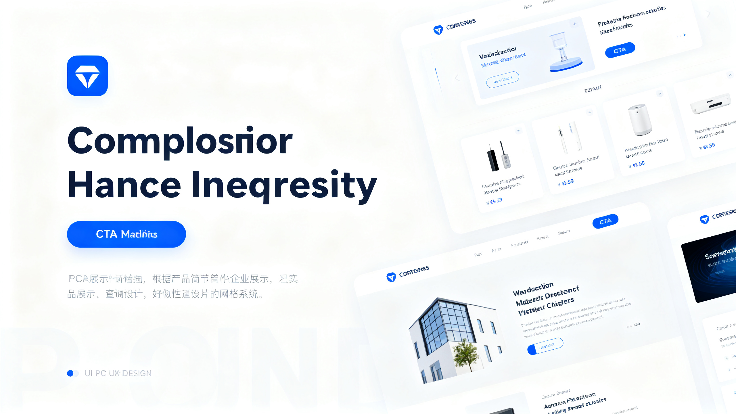 网页UI设计效果图,现代极简风格企业官网UI设计,白色背景,蓝色品牌色调,扁平化图标,大字体标题,产品展示卡片布局,导航栏简洁,CTA按钮突出,响应式网格系统,PC端网页界面设计