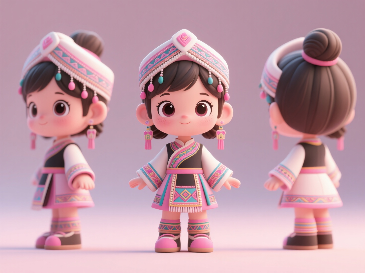 Q版IP少数民族,小女孩形象,少数民族服装,可爱,大眼睛小嘴巴,皮肤粉嫩,C4D画风细腻的IP形象三视图