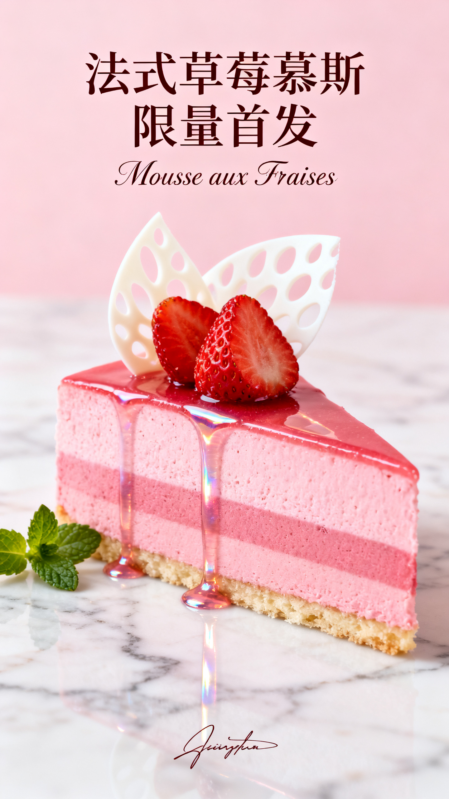美食海报,甜品店新品慕斯蛋糕海报,精美法式草莓慕斯切片近摄,粉色渐层慕斯质地丝滑,新鲜草莓装饰顶层,白巧克力片艺术造型,镜面淋酱反射光线,大理石台面奢华质感,薄荷叶点缀生机,"法式草莓慕斯 限量首发"优雅script字体,法文副标题"Mousse aux Fraises"精致排版,下方甜品师签名,pastel pink配色浪漫,高端patisserie摄影风格,fine dining presentation,艺术级dessert styling