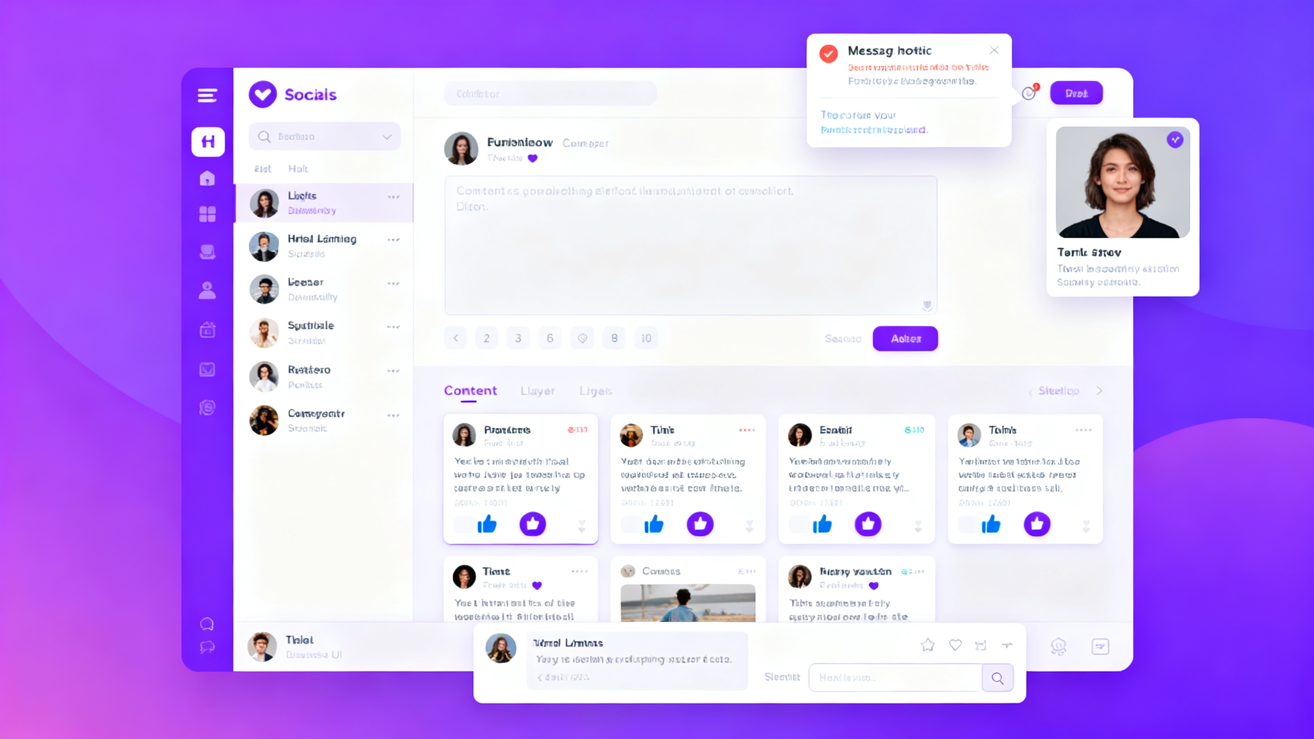 网页UI设计效果图,社交媒体平台仪表板UI,紫色渐变现代风格,动态信息流布局,好友列表侧栏,消息通知提醒,内容发布编辑器,点赞分享按钮,个人资料卡片,实时聊天窗口,社交网络PC端界面