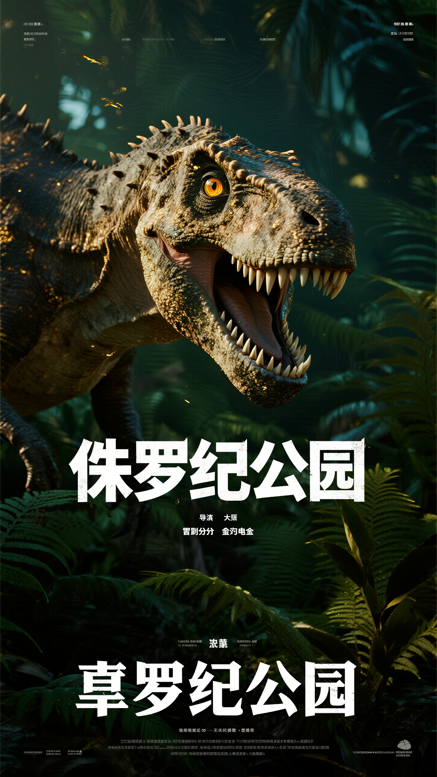电影海报,侏罗纪公园电影海报,史前恐龙霸王龙巨大头颅特写占据画面上半部分,锋利牙齿细节刻画,琥珀色眼瞳凶猛注视,热带雨林背景模糊处理,古老蕨类植物环绕,电影级光影效果,伦勃朗光打亮恐龙面部轮廓,深绿色调主导画面,金色高光点缀,大师级海报排版,"侏罗纪公园"白色立体字体居中下方,副标题英文字体,高级渲染质感,杰作级画面细腻度,史诗级视觉冲击