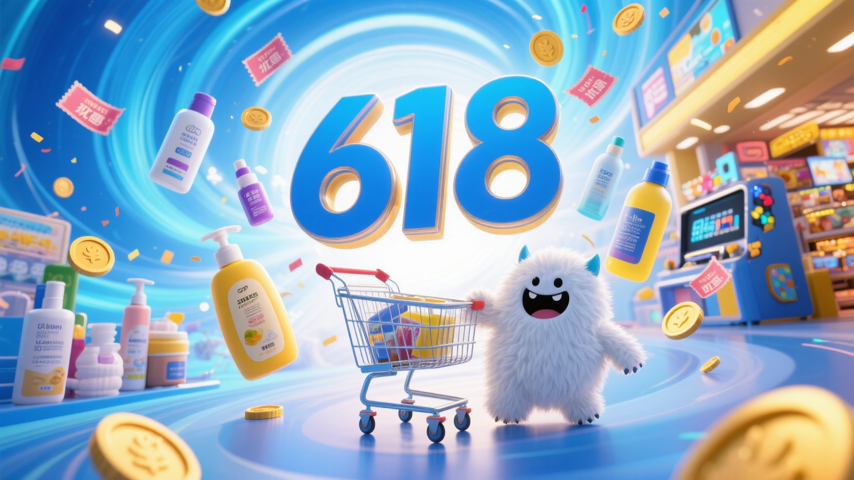 电商618banner,画面主标题为“618“的立体字,小标题是”狂欢盛典”3D风格,电商海报,冲击抬头角度,一个电子游戏商场,一个白色毛绒怪兽,推着购物车,购物车里有个巨大的日用品瓶子和其他的日用产品,周围飘着优惠券和金币蓝黄调,背景是节日氛围的漩涡,周围飘散着一些日用产品,包括洗发水,沐浴露,洗手液,光斑氛围。