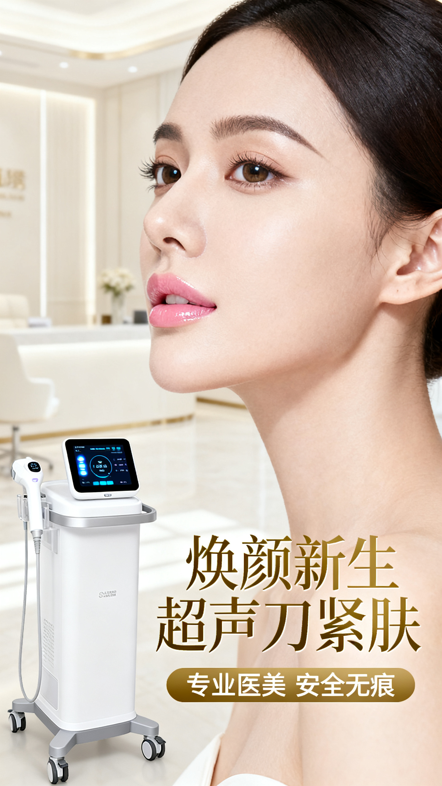 医美海报,高级医美海报,极品网红脸东方美女上半身特写,精致小V脸完美轮廓,高挺鼻梁立体五官,杏仁眼眸深邃迷人,自然淡粉色唇彩清透光泽,白皙透亮陶瓷肌,优雅侧脸展现完美下颌线,旁边白色超声刀医疗设备高科技感,LED显示屏数据界面,简约奢华诊所环境,柔和自然光勾勒面部轮廓,米白香槟色调,极致精修无瑕肌肤质感,"焕颜新生 超声刀紧肤"金色典雅字体,副标题"专业医美 安全无痕",顶级商业人像摄影