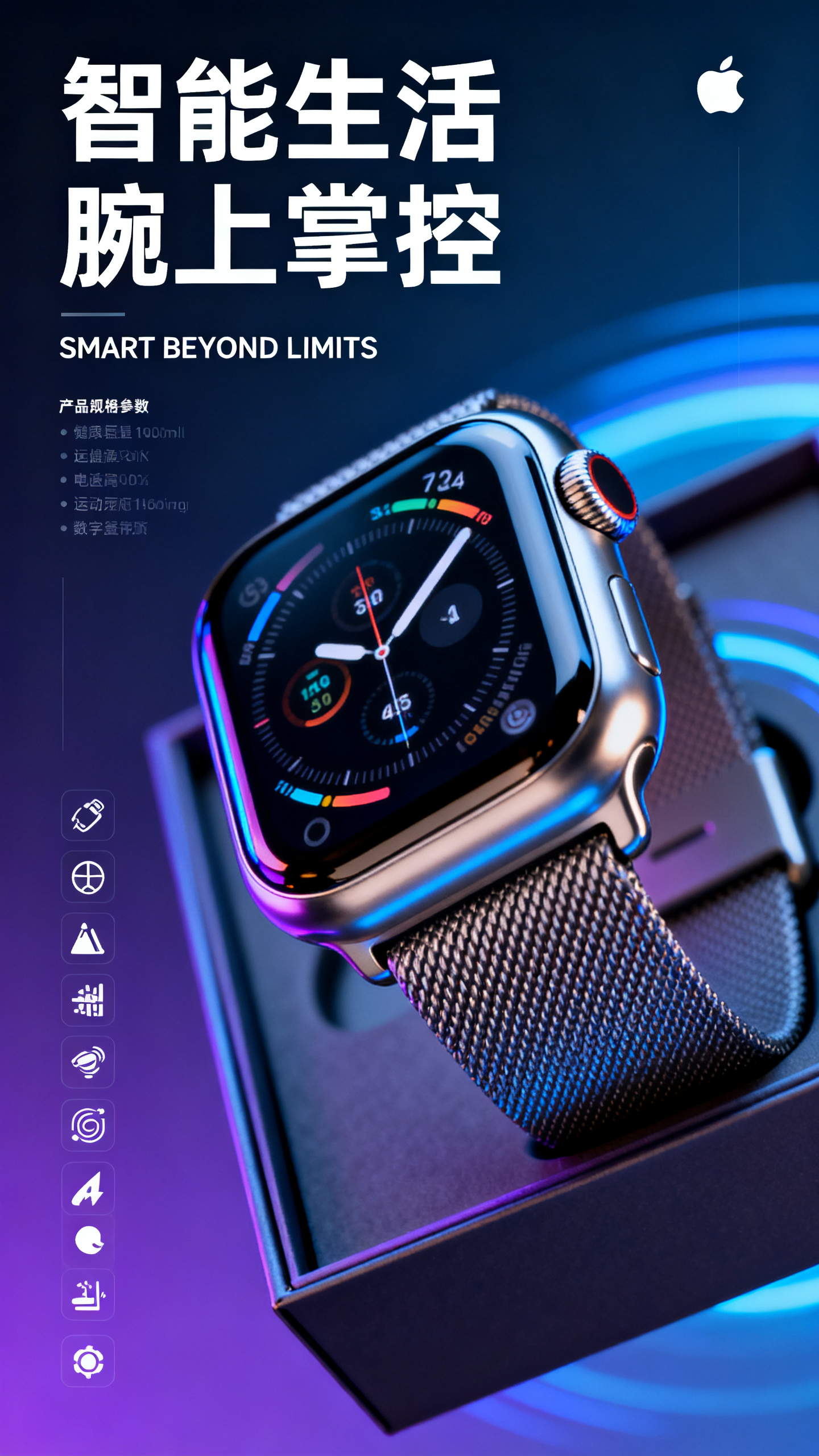 电子产品宣发海报,电子智能手表产品海报,Apple Watch Ultra近距离特写,钛金属表壳反射冷光,OLED屏幕显示健康数据,运动表带纹理细腻,数字表冠精密工艺,背景渐变蓝紫科技光效,悬浮展示产品包装盒,"智能生活 腕上掌控"现代无衬线字体,英文标语"SMART BEYOND LIMITS",产品规格参数列表,左侧功能图标排列,极简主义设计语言,studio lighting专业布光,macro photography超清细节,premium tech aesthetic