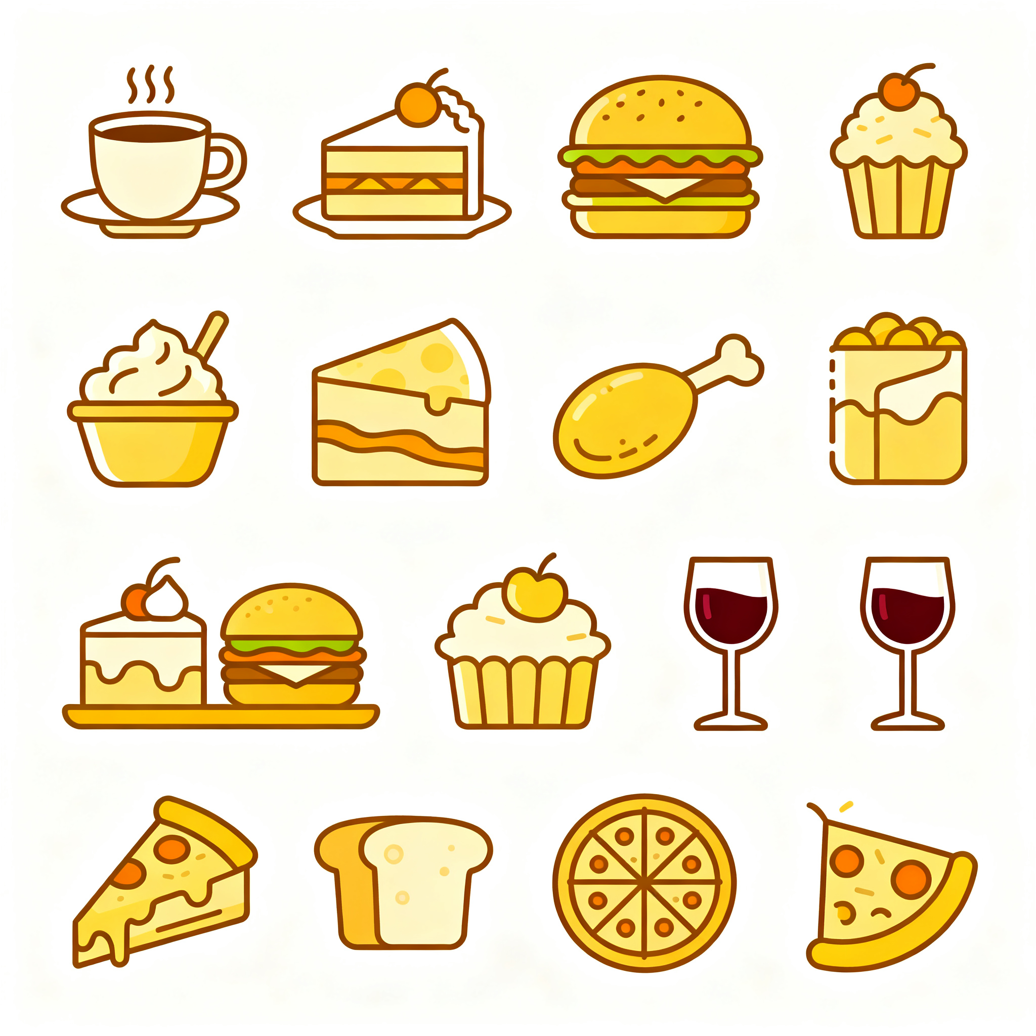 UI线面图标,美食料理UI线性图标合集,包含咖啡杯、蛋糕、汉堡、披萨、红酒杯等元素,暖黄色系,精致线条描绘,纯白色背景,美食诱人,烹饪主题,温馨食物插画风格