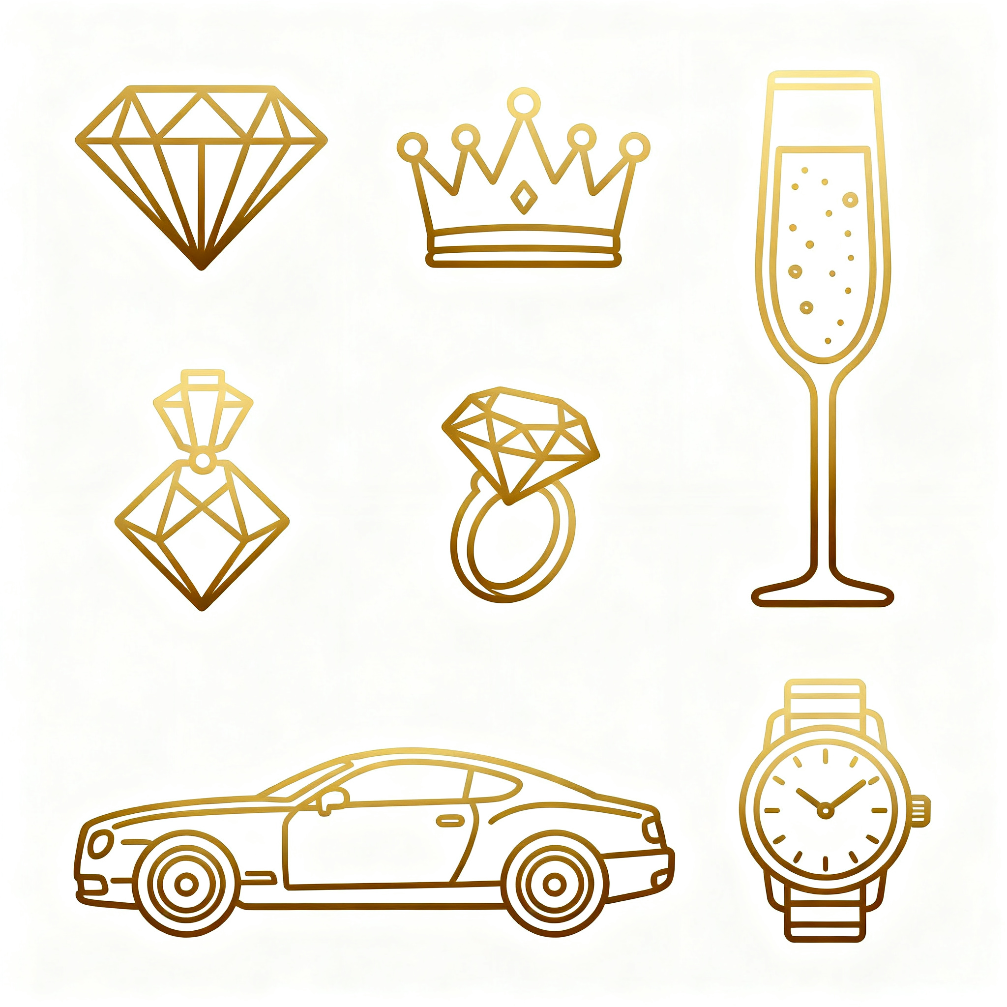 UI线性图标,高级奢华UI线性图标合集,包含钻石、皇冠、香槟杯、豪车、手表等元素,精致细线条勾勒,金色渐变描边,纯白色背景,奢华质感,商业级设计,矢量风格,高端大气