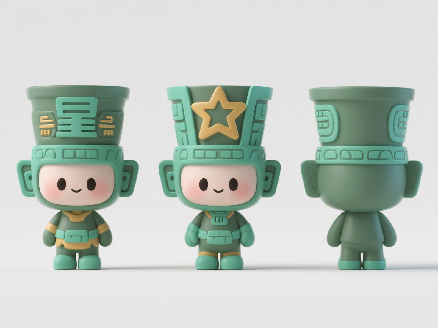 Q版IP三星堆,帮我以三星堆设计一个卡通可爱的形象,3d风格,高质量渲染,纯白色背景,三视图