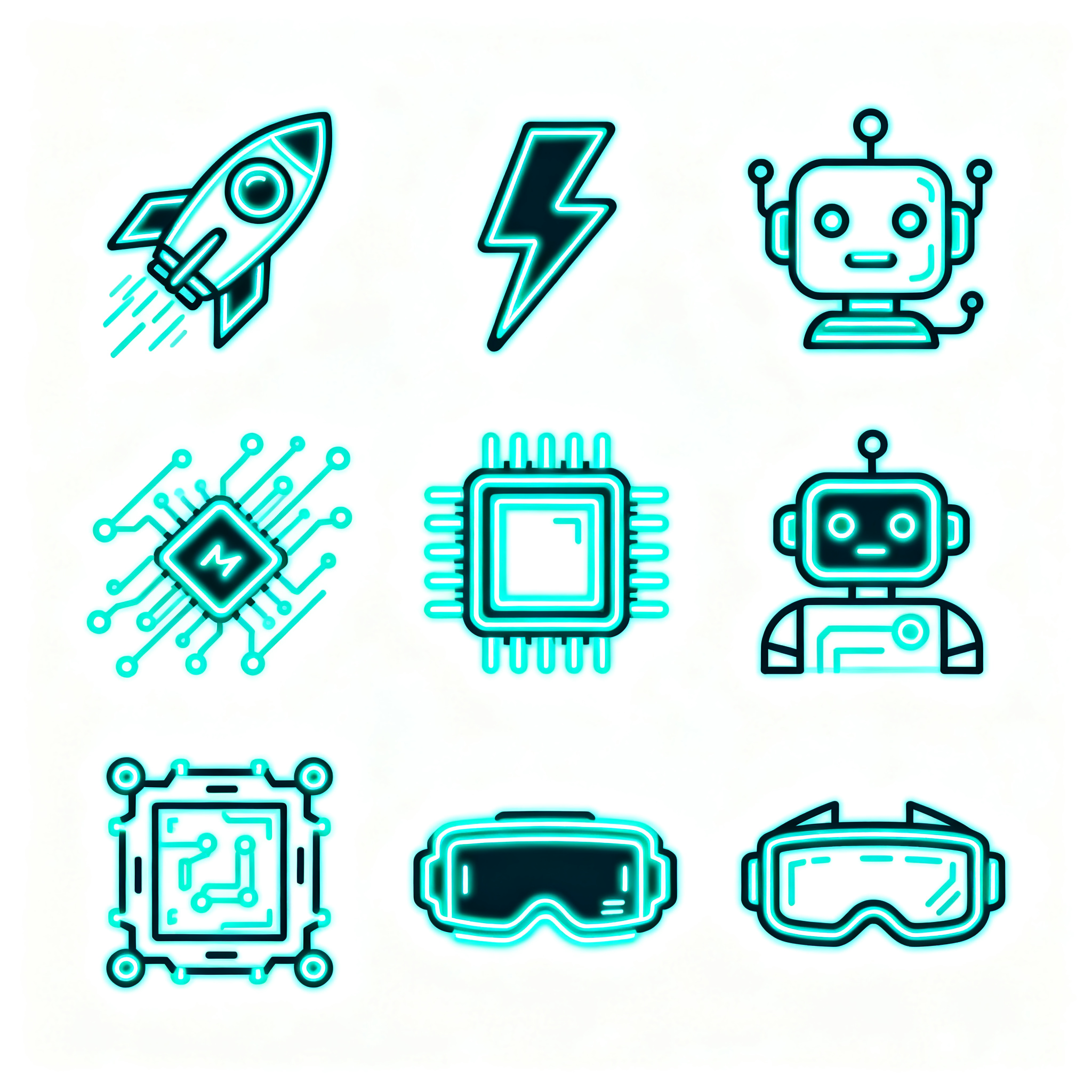 UI线性图标,酷炫科技UI线性图标合集,包含火箭、闪电、机器人、芯片、VR眼镜等元素,霓虹蓝绿色描边,纯白色背景,未来感设计,电子科技风,动感线条,赛博朋克氛围