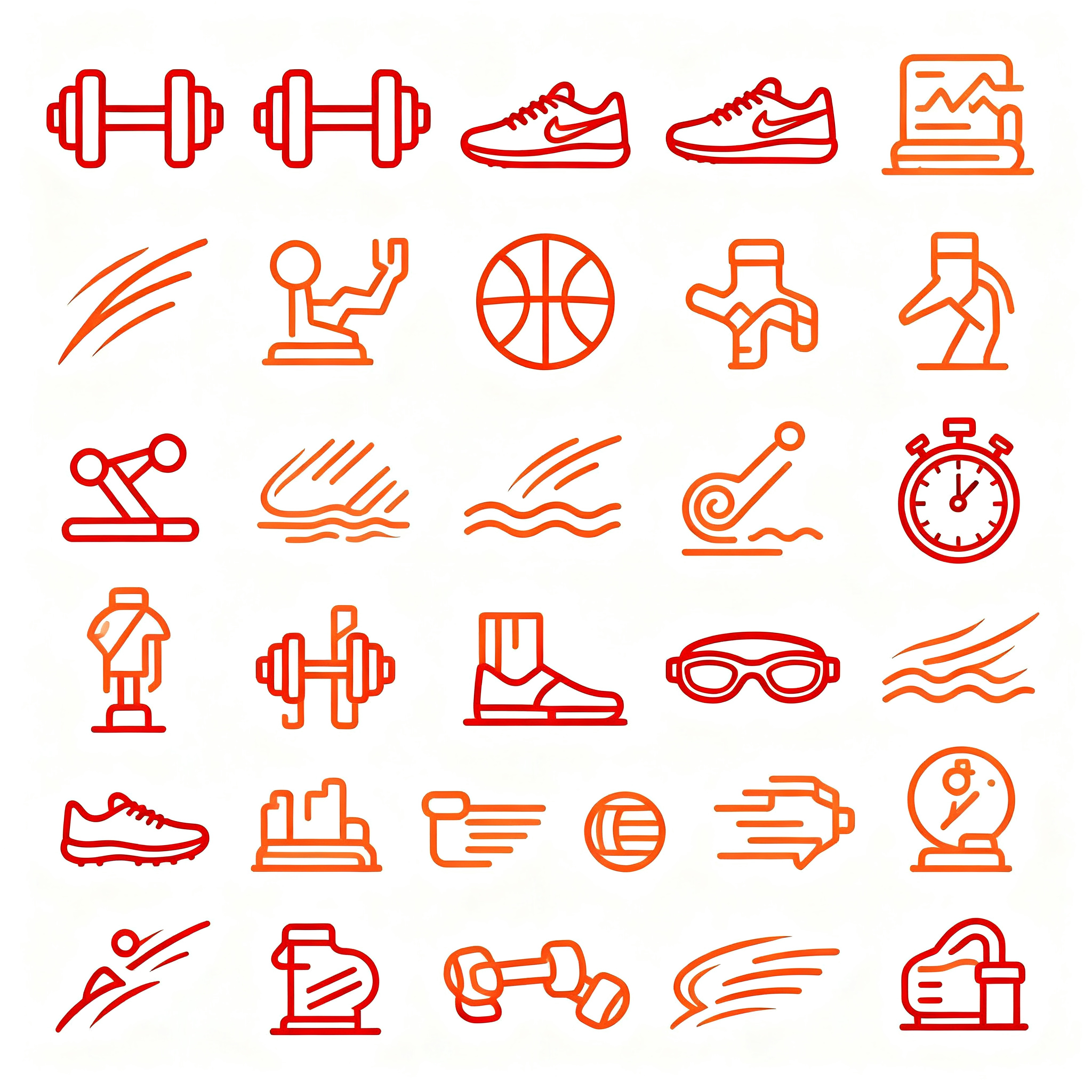 UI线面图标,运动健身UI线性图标合集,包含哑铃、跑鞋、篮球、游泳镜、计时器等元素,动感橙红色配色,流畅线条,纯白色背景,运动活力,健康主题,现代体育风格