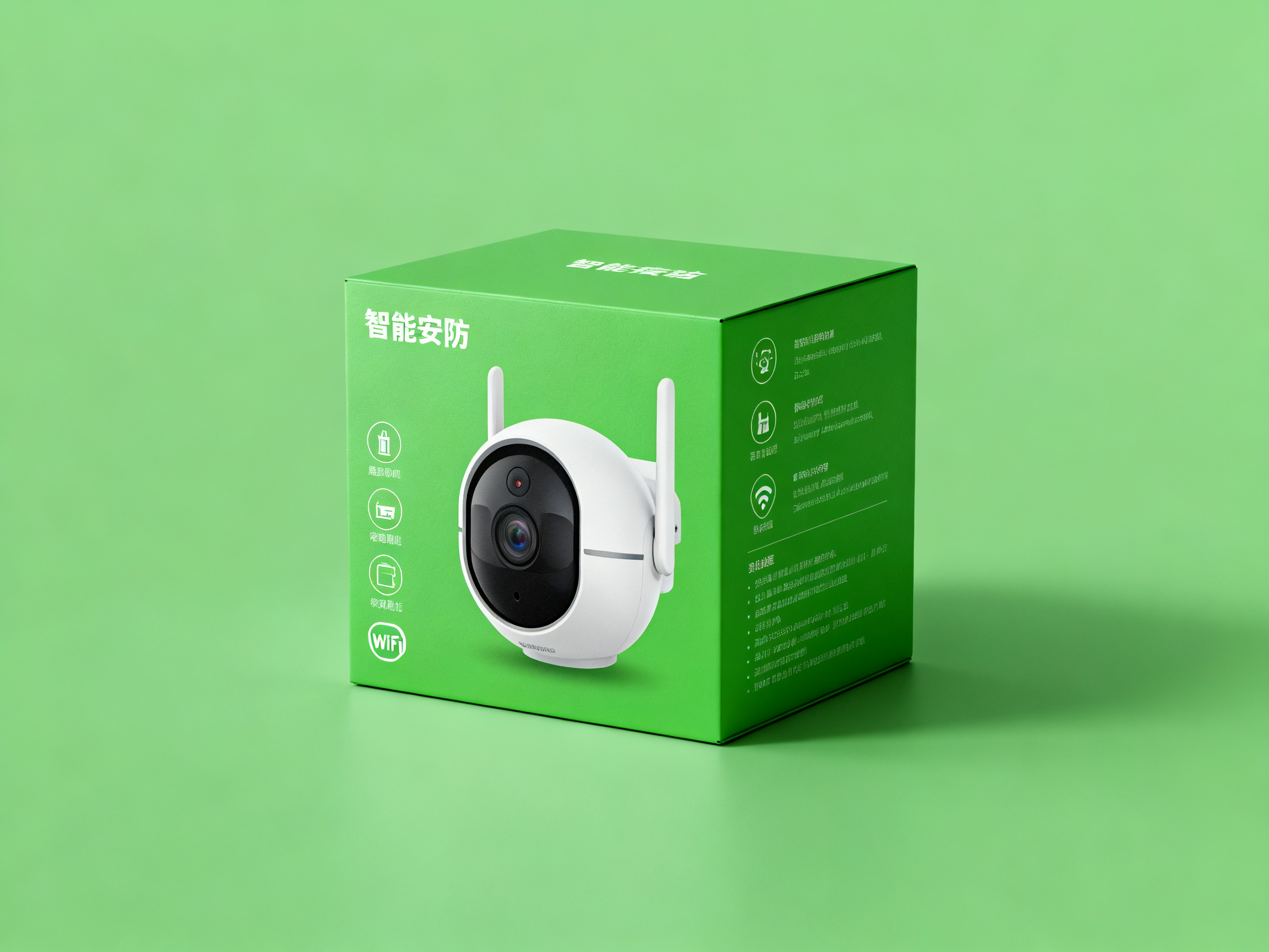 摄像头样机包装盒,智能摄像头包装盒样机,绿色安防主题包装,摄像头产品图,监控功能图标,夜视能力标识,WiFi连接说明,哑光包装质感,干净摄影环境,安防设备电商主图拍摄