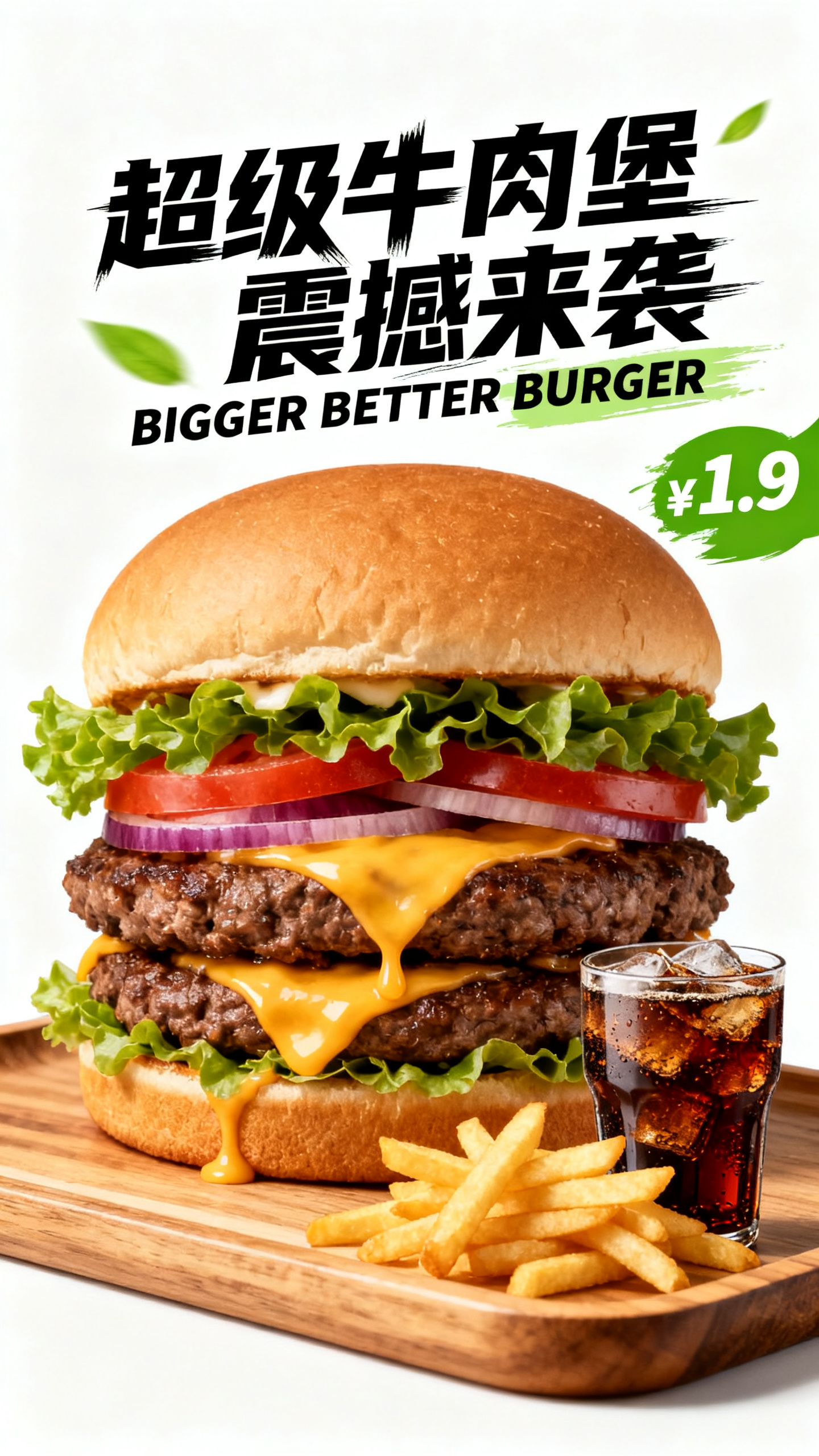 美食海报,快餐店新品汉堡海报,巨无霸双层牛肉汉堡近景特写,金黄酥脆面包层次分明,厚实牛肉饼汁水丰富,新鲜生菜番茄洋葱彩色层叠,芝士融化流淌效果,木质托盘简约陈列,薯条可乐组合套餐,"超级牛肉堡 震撼来袭"Bold字体动感排版,英文slogan"BIGGER BETTER BURGER",促销价格醒目标注,绿色健康元素点缀,明亮studio lighting,professional food styling,clean minimalist design