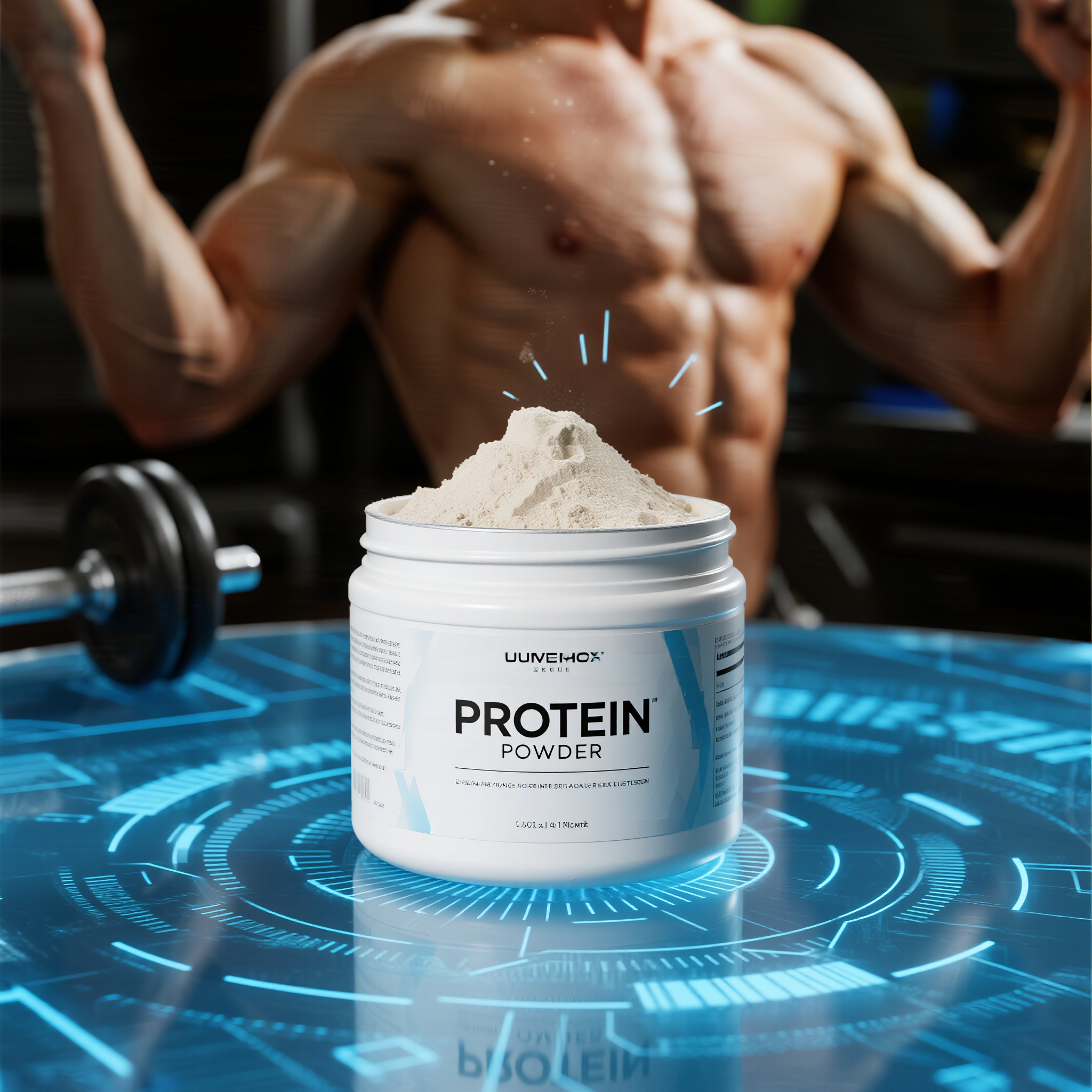 电商主图蛋白粉,蛋白粉营养品摄影,白色塑料罐装,粉末质地细腻,健身器材背景,肌肉线条暗示,运动营养概念,蓝色科技感配色,健康生活方式,电商保健品摄影