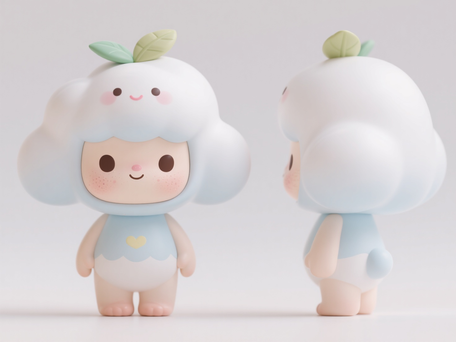 Q版IP云宝,盲盒手办,3D,IP,吉祥物,可爱的【云朵】,泡泡玛特风格,头上有一片叶子,可爱,萌,三视图,正视图,侧视图,后视图,干净的背景,超级细节,blender,C4D建模,OC渲染,32K