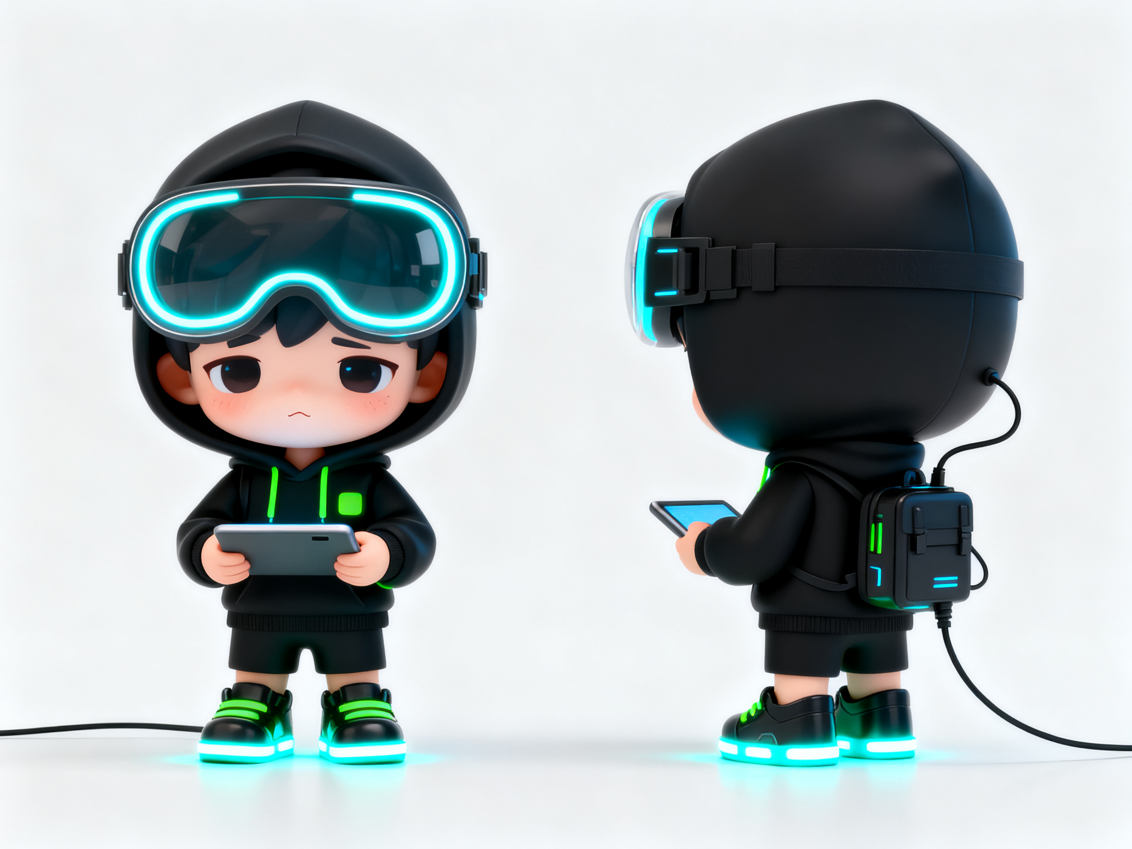 Q版IP黑客,呆萌赛博朋克小黑客三视图,Q版2.5头身可爱造型,黑色连帽衫配霓虹绿小装饰,戴着大大的发光护目镜超萌,手拿迷你平板电脑,背个小背包插数据线,LED小鞋子会发光,腼腆害羞的表情,正面左面右后面展示,C4D cartoon modeling,white studio setup,Octane rendering,close depth field,cute hacker character