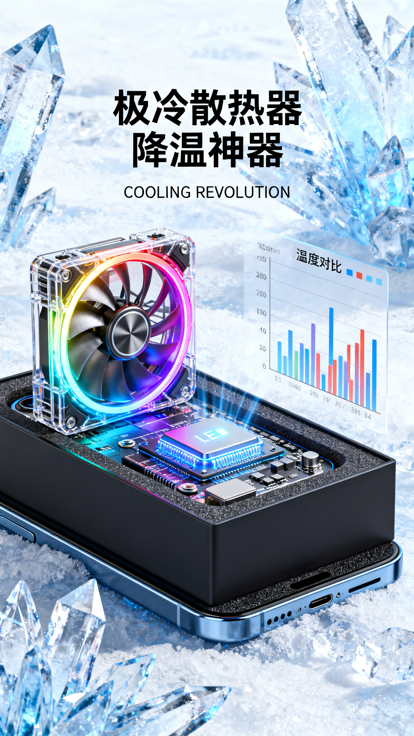 电子产品宣发海报,手机散热风扇产品海报,RGB发光散热器微距拍摄,金属风扇叶片高速旋转,导热硅胶垫贴合手机,温控芯片LED指示灯,透明外壳展现内部结构,包装采用磨砂黑盒装,"极冷散热器 降温神器"科技字体,"COOLING REVOLUTION"英文口号,温度对比图表数据,冰晶效果背景渲染,蓝白冷色调主导,high-key lighting明亮光线,industrial design工业美学,precision engineering精密制造