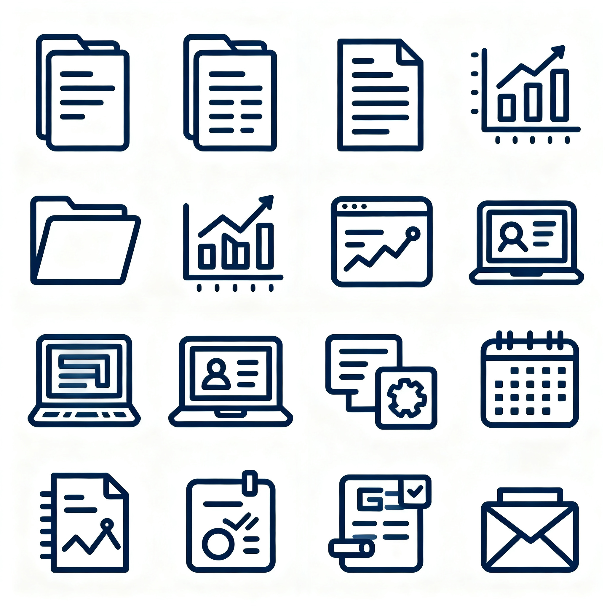 UI线性图标,商务办公UI线性图标合集,包含文件夹、图表、笔记本电脑、日历、邮件等元素,严谨规整线条,深蓝色主色调,纯白色背景,专业感设计,现代办公风格,简洁实用