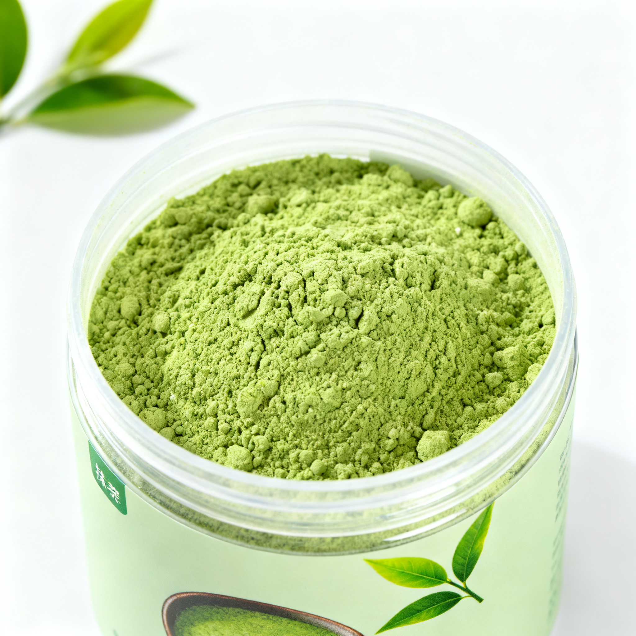 抹茶粉电商主图,代餐粉罐装电商主图,圆形塑料罐包装,绿色抹茶代餐粉,粉末质感细腻,抹茶叶装饰元素,清新健康感,淡绿色调,白色干净背景,高端商业摄影,产品细节清晰,电商主图风格