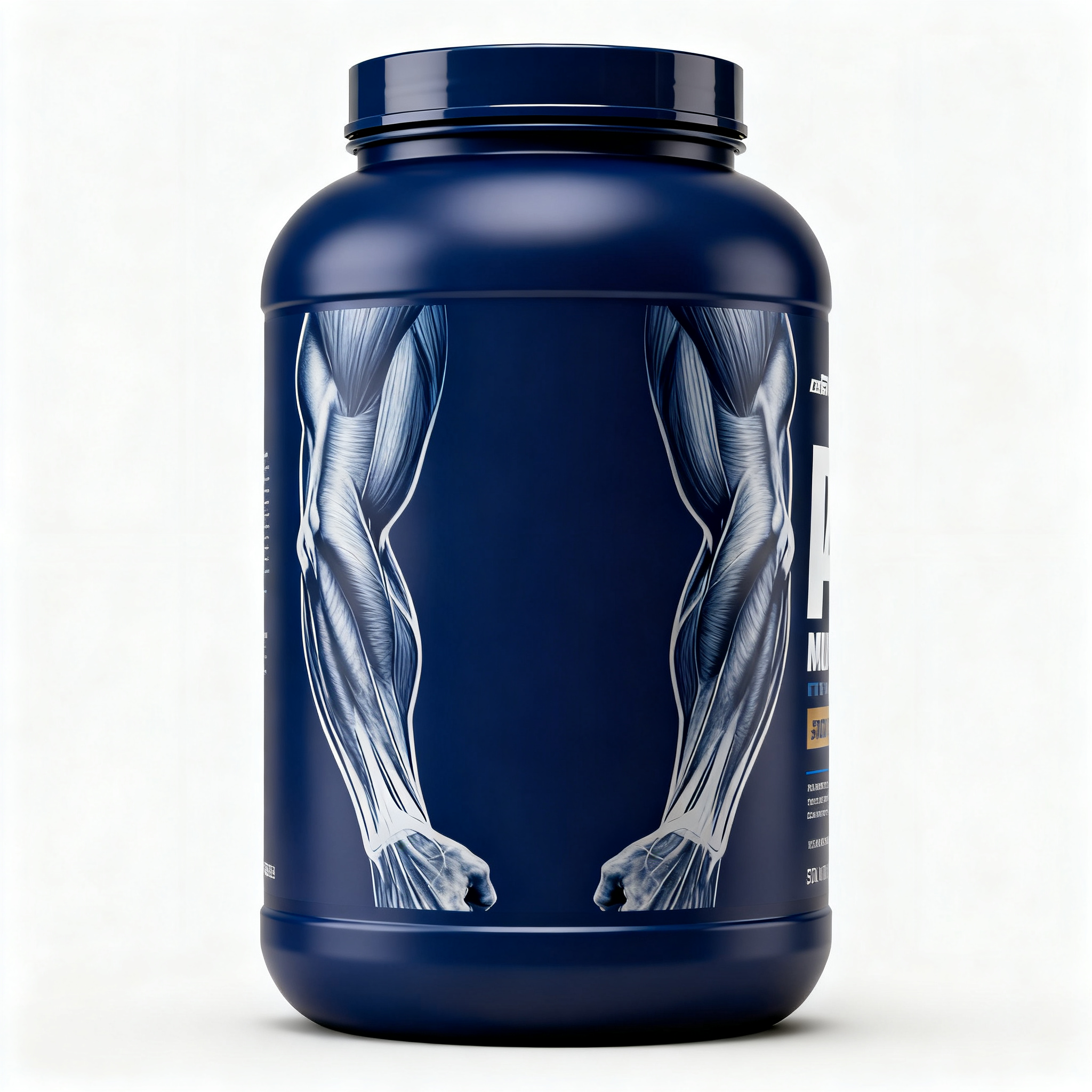 蛋白增肌电商主图,男性增肌粉电商主图,大容量塑料桶装,深蓝色包装设计,肌肉线条装饰元素,运动健身感,专业营养品质感,纯净白色背景,高端商业摄影,产品细节突出,电商主图风格
