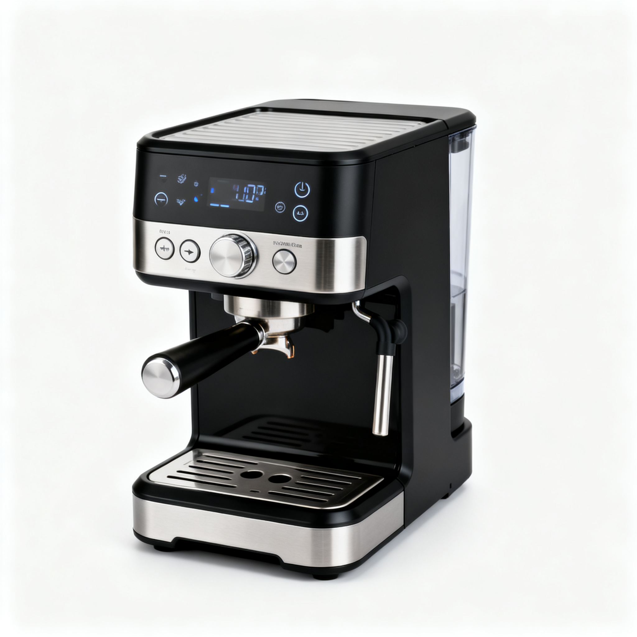 咖啡机电商主图,厨房小电器电商主图,现代咖啡机设计,黑色塑料外壳,银色金属装饰,科技感按钮,高端家电质感,简洁现代风格,纯白背景突出,专业摄影灯光,商业产品摄影风格,电商展示美学