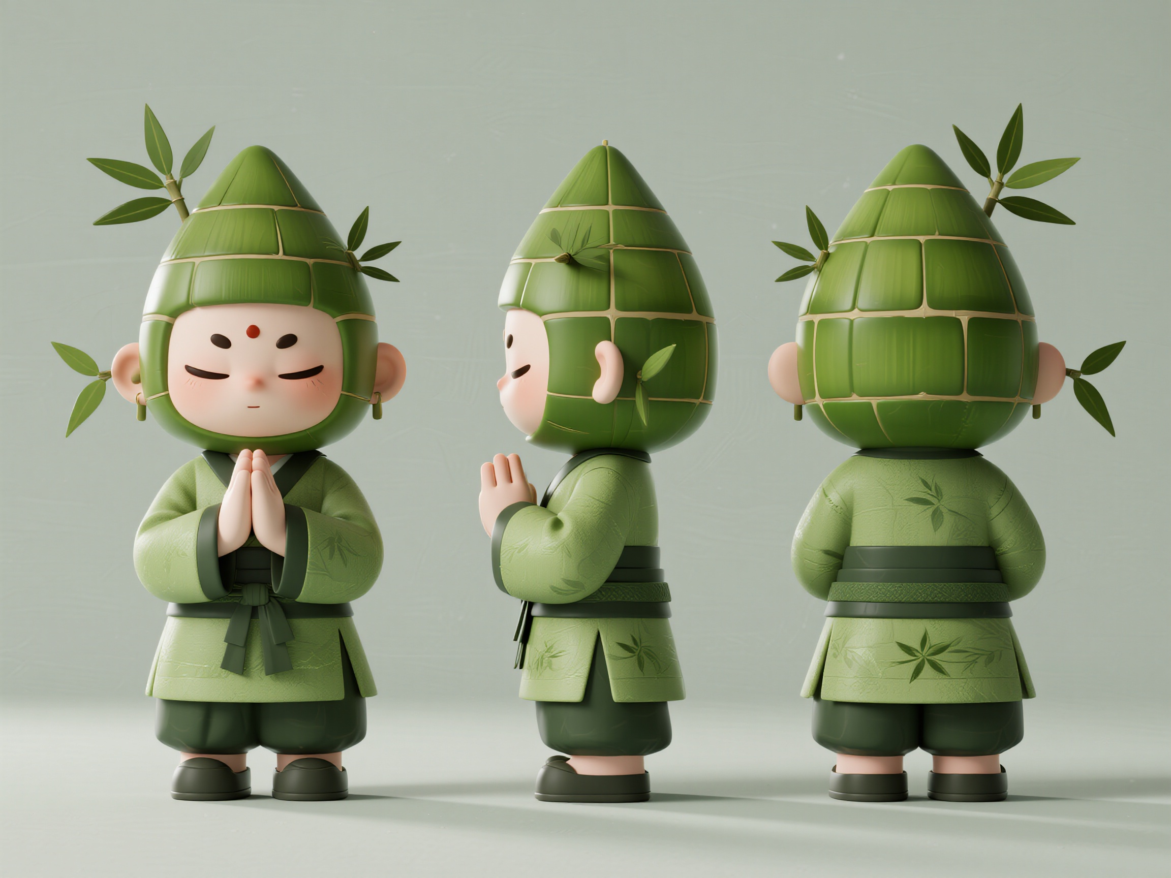 竹子吉祥物IP形象,C4D建模风格,植物拟人IP设计,竹子吉祥物形象,绿色节段身体穿传统服饰,双手合十祝福姿势,清雅高洁气质,三视图展示正面侧面背面,近距离景深,东方文化底蕴,吉祥如意寓意,禅意建模设计