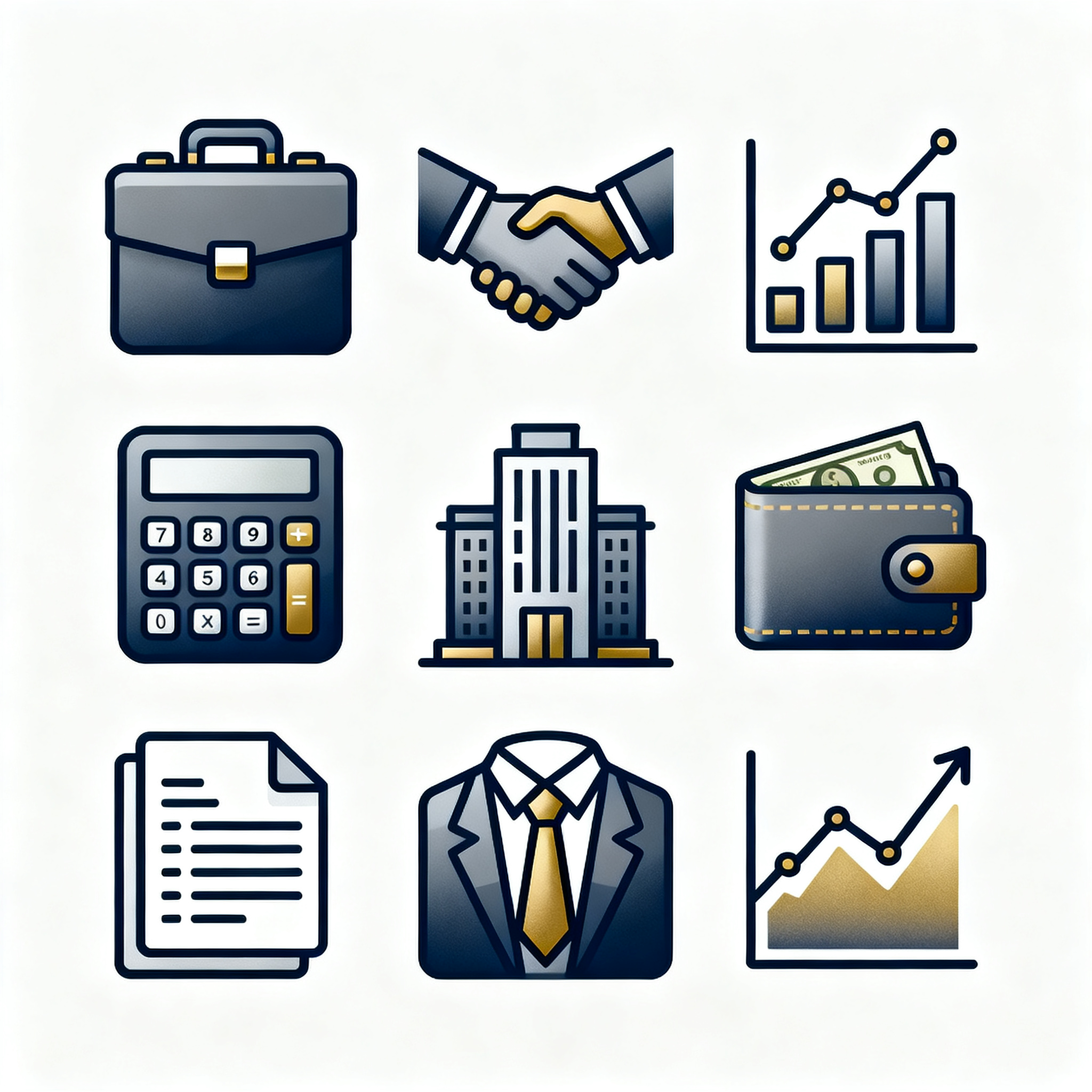 商务UI面性线性图标合集,商务类UI图标合集,3x3网格布局,9个商务主题图标:公文包、握手合作、图表统计、计算器、钱包钞票、办公楼、档案文件、西装领带、股票曲线,面性线性风格,深蓝灰色系为主搭配金色点缀,线条流畅专业,渐变面性质感,白色干净背景,商务精英气质,专业级设计