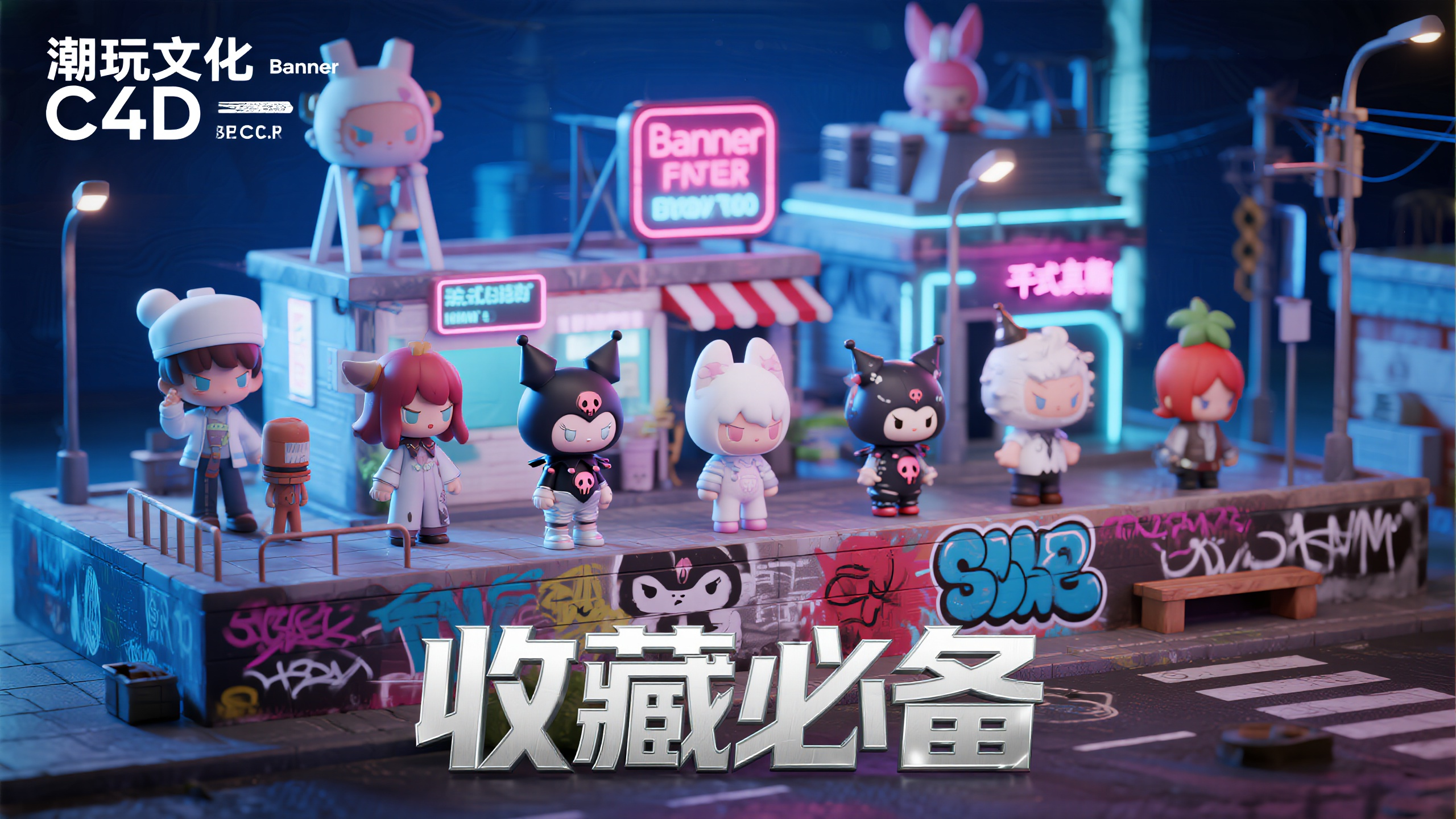 潮玩盲盒banner,潮玩文化主题C4D banner,立体场景构建,手办角色置于城市街景微缩模型中,包含涂鸦墙面、霓虹招牌、未来建筑元素,手办风格涵盖日系、欧美、国潮等多元化设计,色调以电光蓝和荧光粉为主,"收藏必备"标语使用立体浮雕字效,银色金属质感,位于画面底部中央,微距摄影视角,背景虚化处理,高质量3D渲染