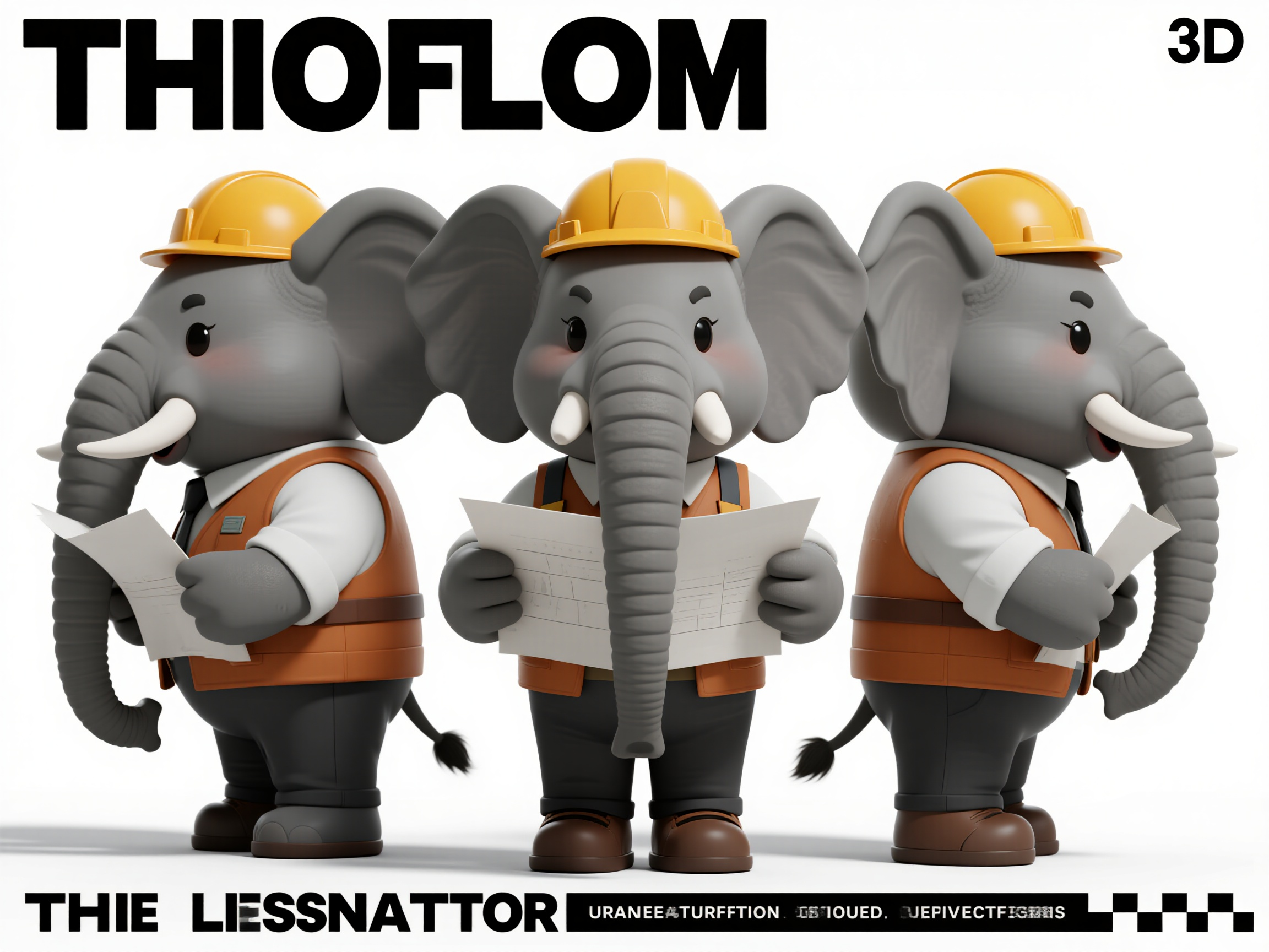 大象建筑师IP形象,C4D建模风格,动物拟人IP设计,大象建筑师形象,灰色厚重身体穿工程师制服戴安全帽,长鼻子卷着图纸,专注认真表情,三视图展示正面侧面背面,中近距离景深,纯白背景,建筑专家气质,工程严谨氛围,杰作级建模