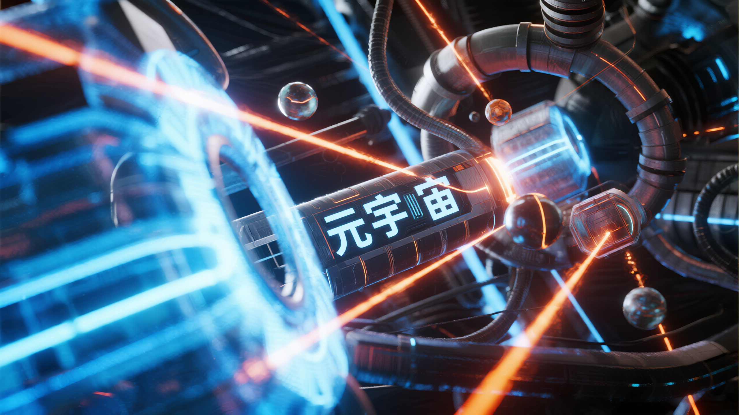 互联网科技banner,未来互联网C4D视觉设计,立体空间建模,多维度几何结构交错排列,包含螺旋管道、悬浮平台、能量球体等科幻元素,整体环境呈现赛博朋克美学风格,霓虹色彩搭配黑色背景形成强烈对比,"元宇宙"文字使用发光轮廓效果,电光蓝配色,位于左侧区域,特写镜头视角,主体清晰背景柔焦,Cinema 4D高端渲染技术