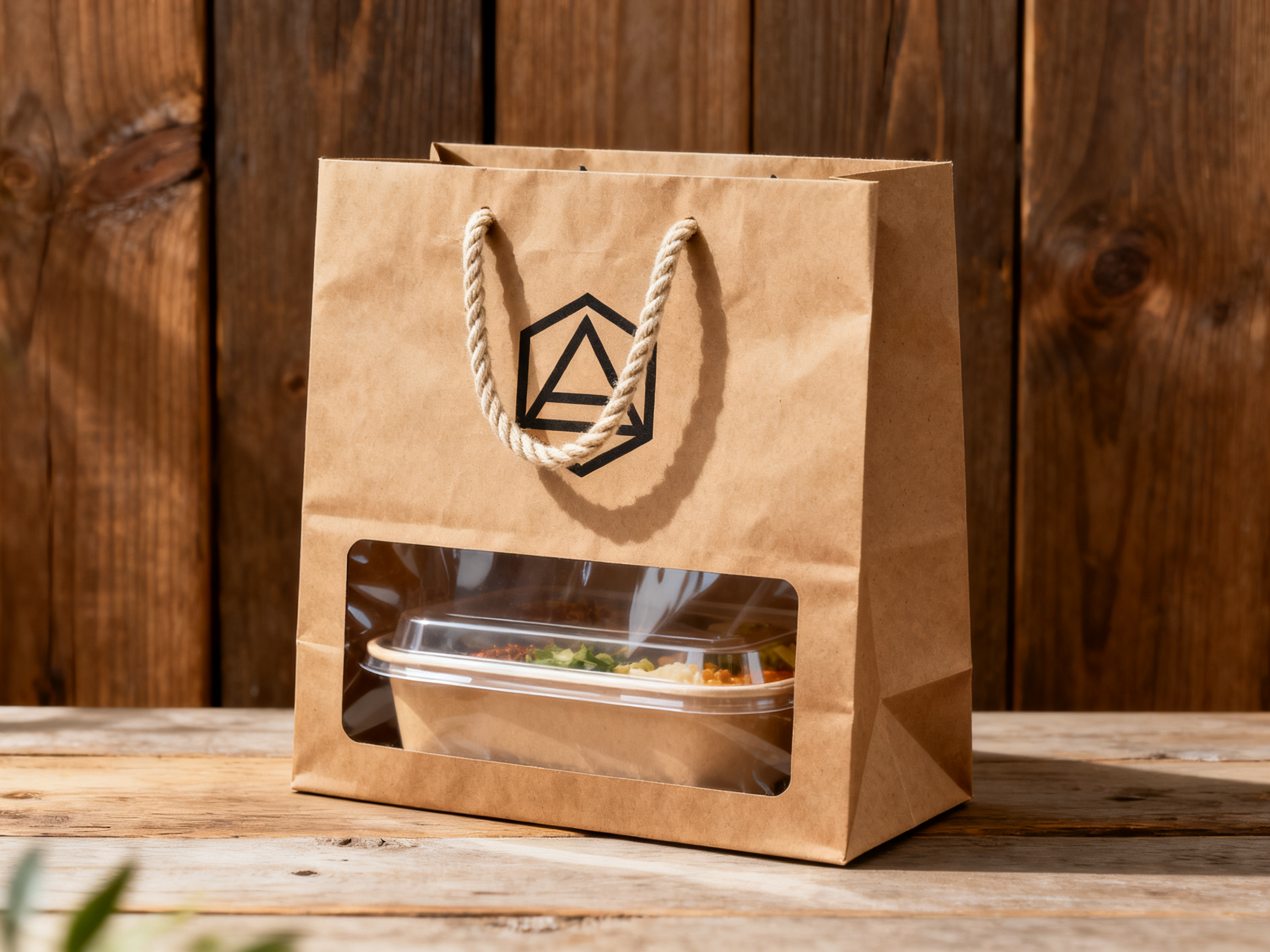 样品包装打包袋,餐饮外卖打包袋包装设计,环保高级感,kraft牛皮纸材质手提袋,正面简洁几何图形品牌标识,提手采用棉绳材质,袋身侧面透明开窗展示内装餐盒,环保印刷工艺,自然纹理质感,绿色环保理念包装,产品摄影效果,自然光照射,木质背景