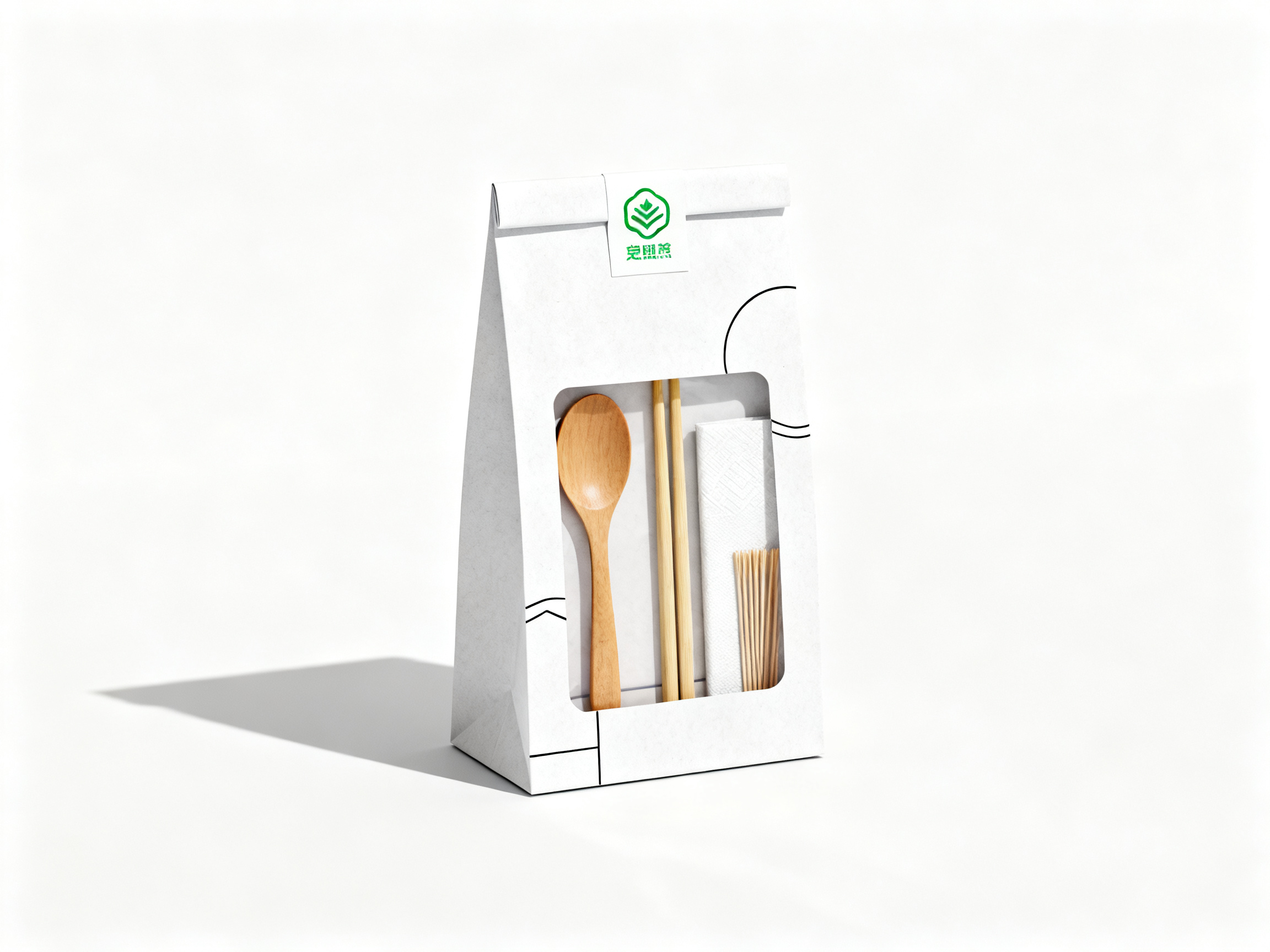 餐具样品包装,餐饮行业一次性餐具套装包装,简约高级感设计,白色牛皮纸材质包装袋,正面透明开窗展示内含木质勺子、竹制筷子、牙签和餐巾纸,极简几何图形装饰,清新绿色品牌标识,环保理念突出,产品摄影效果,柔和自然光照射,纯白背景,包装袋立体展示