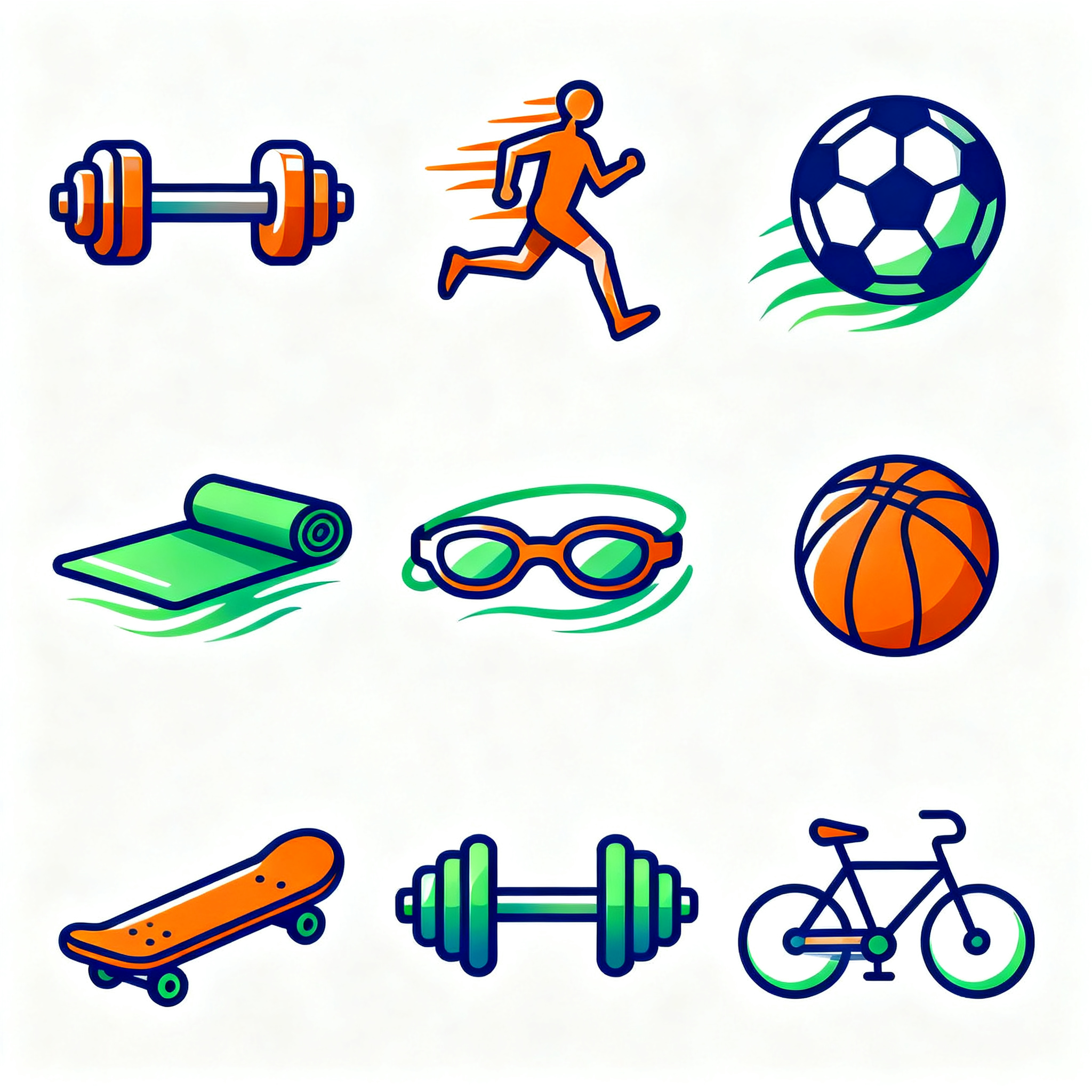 健身UI面性线性图标合集,运动健身类UI图标合集,3x3网格排列,9个运动主题图标:哑铃、跑步人形、足球、篮球、游泳镜、瑜伽垫、滑板、举重杠铃、自行车,面性线性风格,活力橙色绿色为主色调搭配蓝色,线条动感流畅,渐变填充有力,白色背景,运动活力美学,专业设计水准
