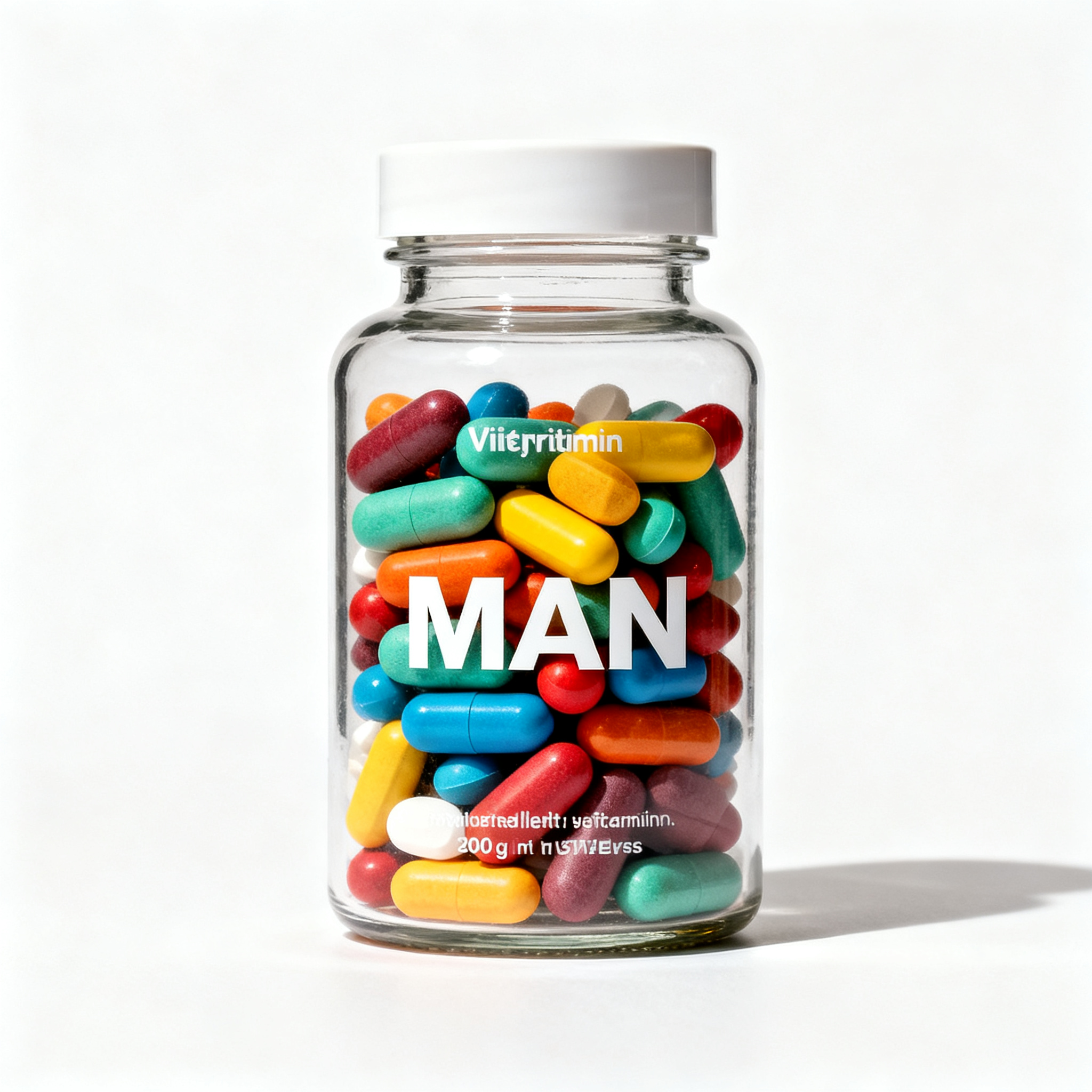 保健品电商主图,男性维生素电商主图,透明玻璃瓶装,彩色维生素片展示,现代简约包装设计,健康活力感,医药级质感,白色干净背景,专业摄影棚灯光,商业产品摄影风格,电商展示美学