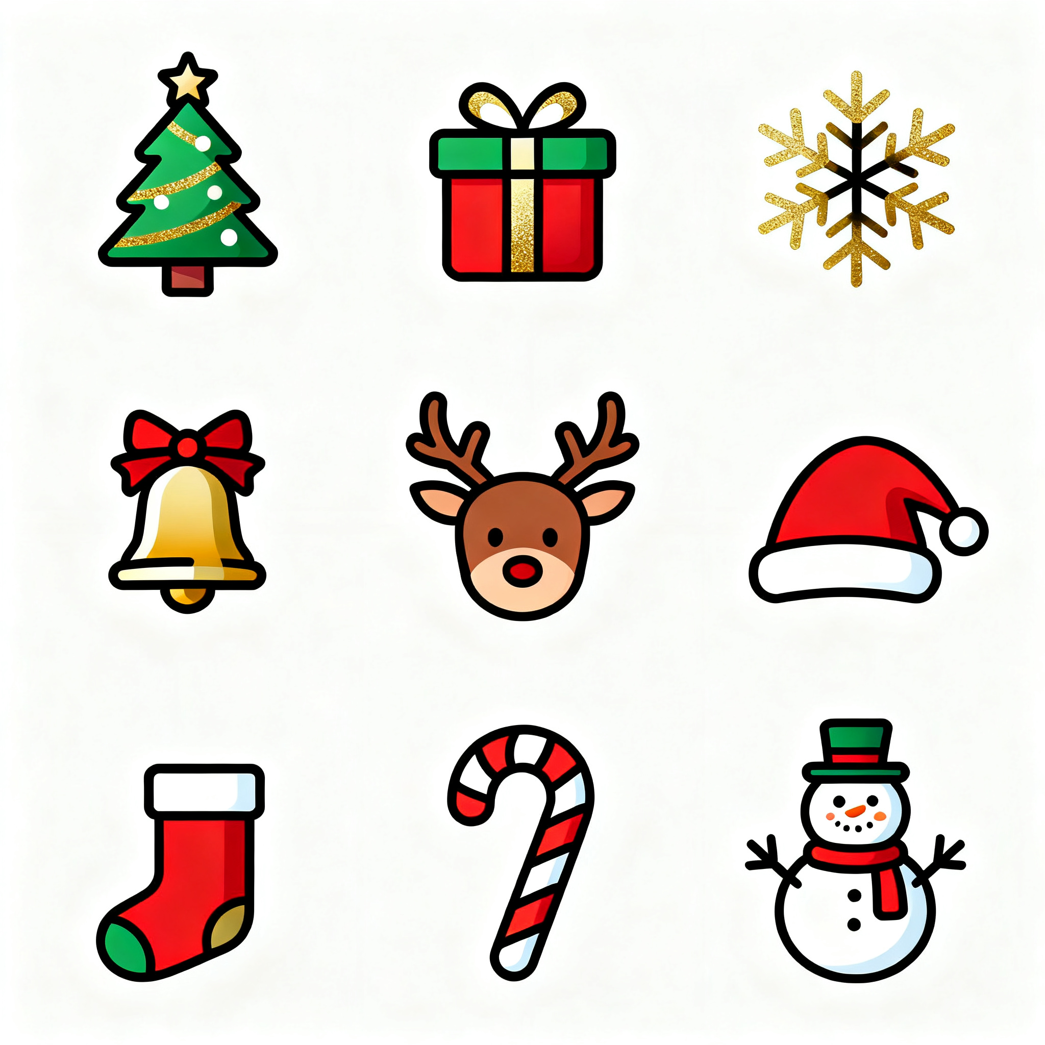 圣诞UI面性线性图标合集,圣诞装饰类UI图标合集,九宫格节日布局,9个圣诞主题图标:圣诞树、礼物盒子、雪花装饰、铃铛装饰、驯鹿头像、圣诞老人帽、拐杖糖果、圣诞袜子、雪人造型,面性线性设计,节日红绿色系为主搭配金色白色,线条欢快温馨,渐变填充喜庆,白色背景,圣诞节庆美学,精致节日感