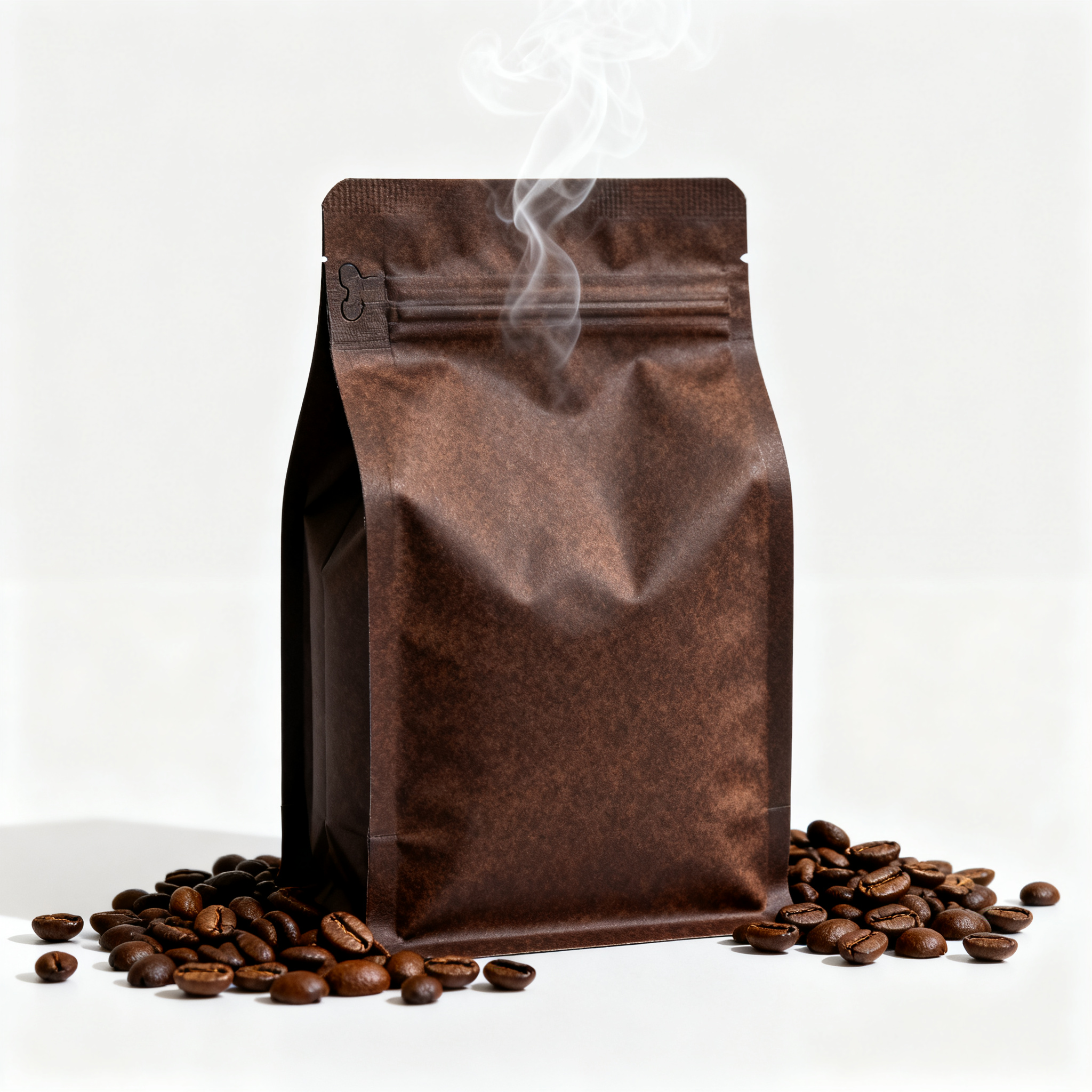咖啡豆电商主图,咖啡饮品电商主图,精品咖啡豆包装袋,深棕色磨砂质感,咖啡豆散落装饰,蒸汽升腾效果,温暖咖啡色调,白色干净背景,专业商业摄影打光,高质量产品摄影,电商展示标准