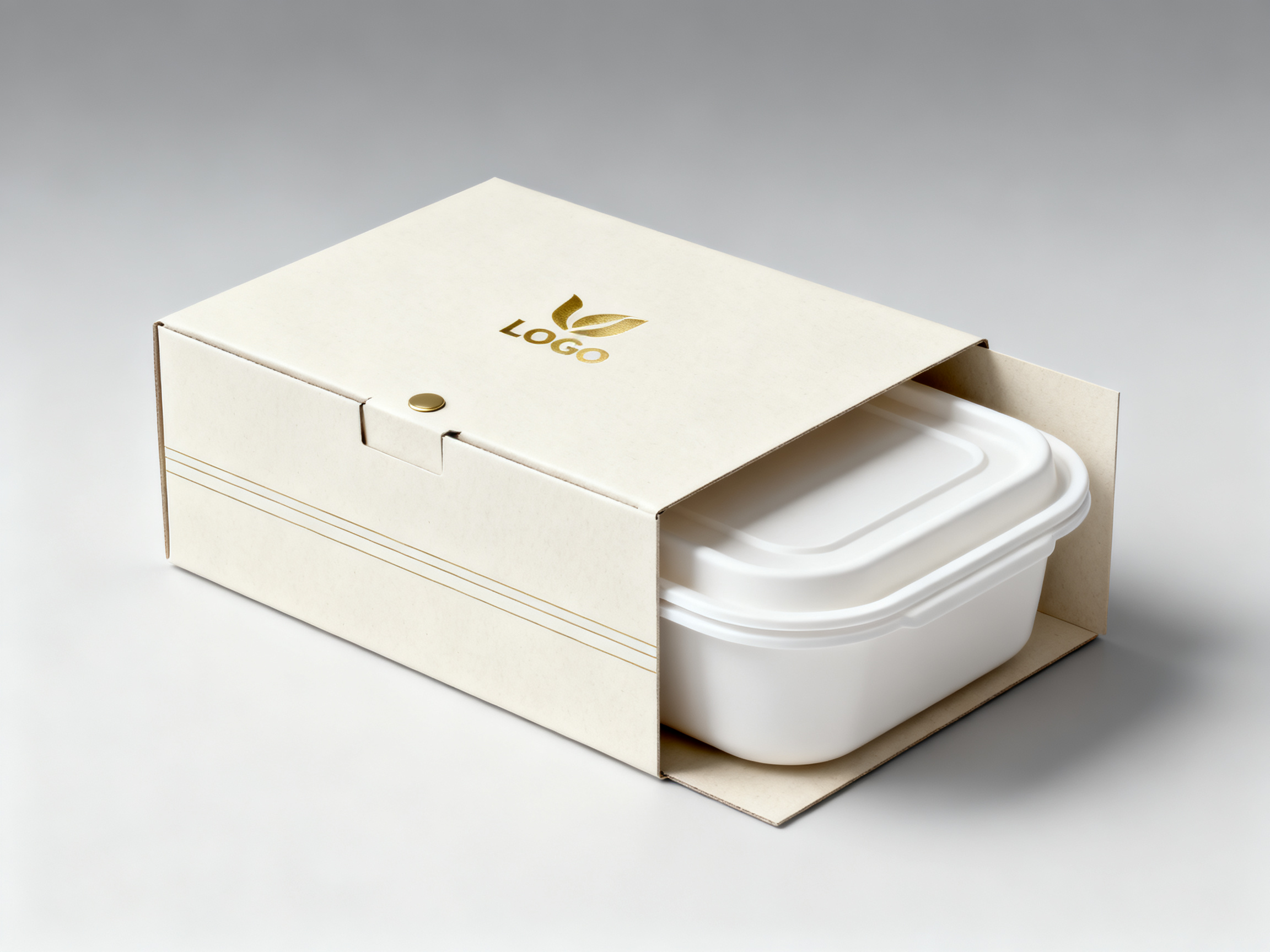 饭盒样品包装,一次性环保饭盒包装设计,高端简约风格,米白色纸质包装盒,盒盖采用磁吸开启方式,正面烫金品牌LOGO,侧面简洁线条装饰,内装白色环保餐盒可见,包装设计体现环保理念,产品摄影质感,温和顶光照明,浅灰渐变背景