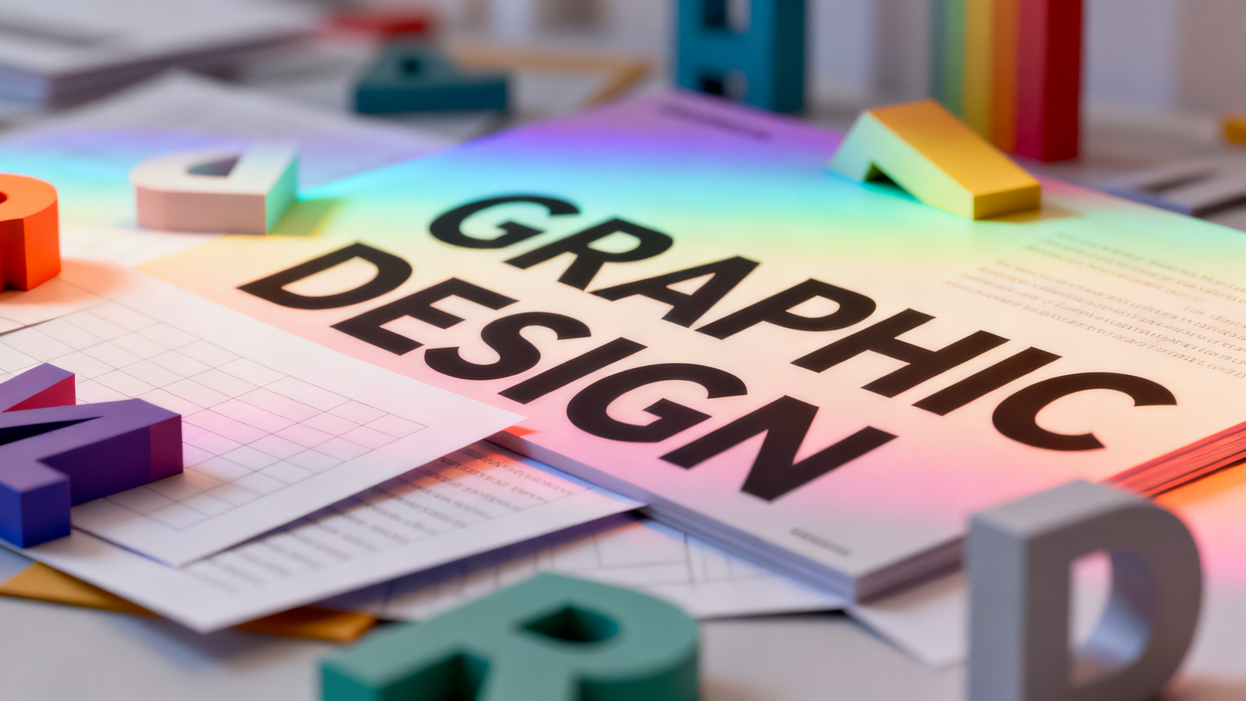 平面设计师作品集,平面设计作品集封面,C4D建模场景,OC渲染,近距离景深效果,前景是几何纸张和立体字母模型,丰富的色彩层次,创意的排版元素,背景柔焦处理,彩虹渐变环境光,标题"GRAPHIC DESIGN"倾斜排版,创意字体设计,艺术感强烈,视觉冲击力