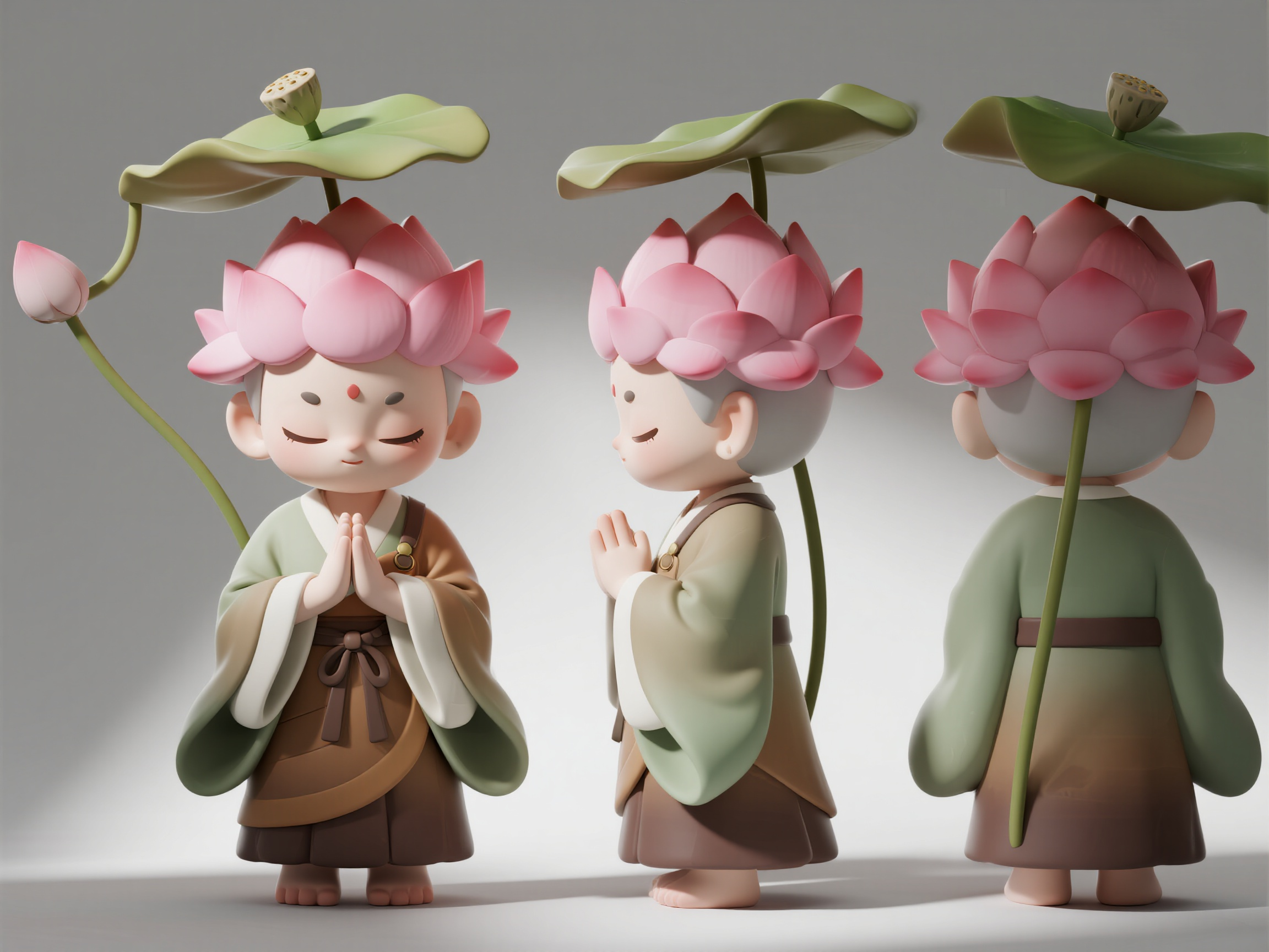 荷花禅师IP形象,C4D建模风格,植物拟人IP设计,荷花禅师形象,粉色花瓣头部穿僧袍,莲蓬为头顶,双手合十打坐姿势,慈悲祥和表情,三视图展示正面侧面背面,近距离景深,纯白背景,佛教大师气质,禅意宁静氛围,精神建模设计