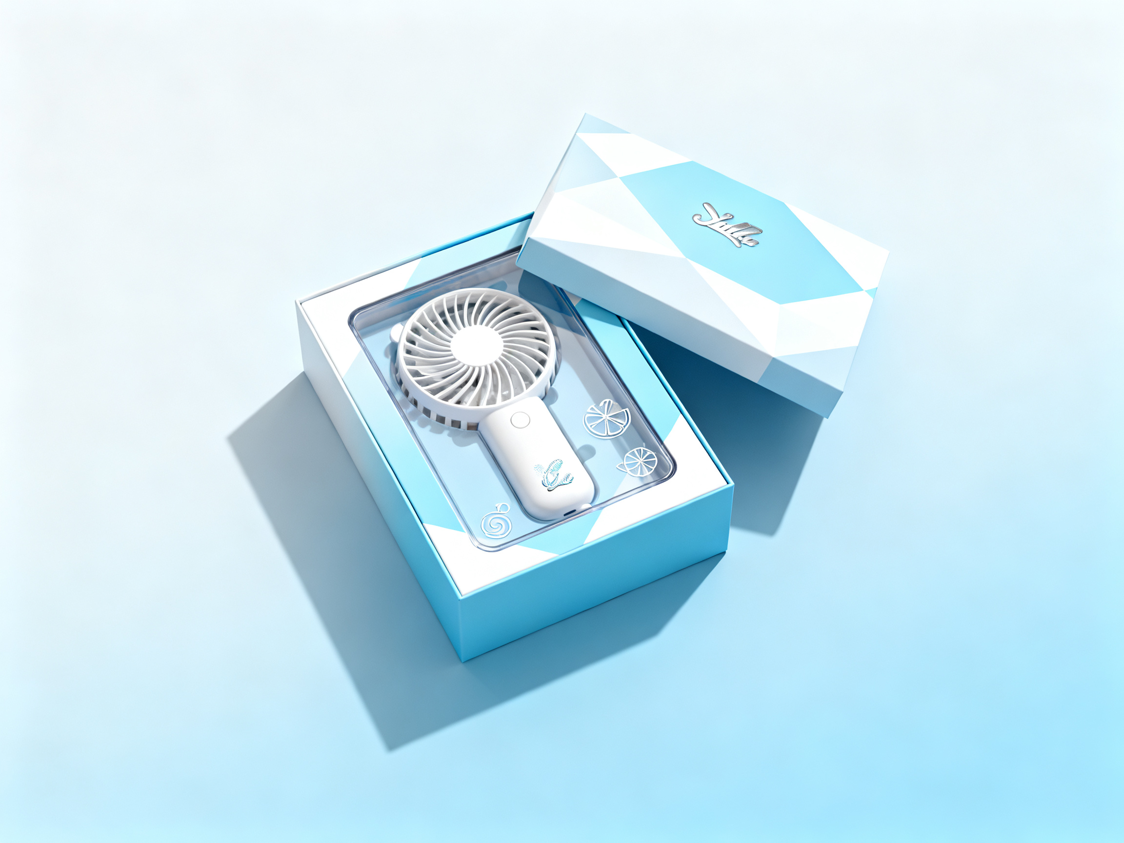 样品包装小风扇,手持电动制冷小风扇包装盒设计,清新简约风格,浅蓝色渐变包装盒配白色几何装饰,包装盒采用天地盖开启方式,透明亚克力开窗展示白色小风扇,包装表面UV光油工艺,清凉感图案装饰,品牌LOGO采用银色烫印,夏日清凉产品包装美学,产品摄影质感,柔和顶光照明,浅蓝渐变背景
