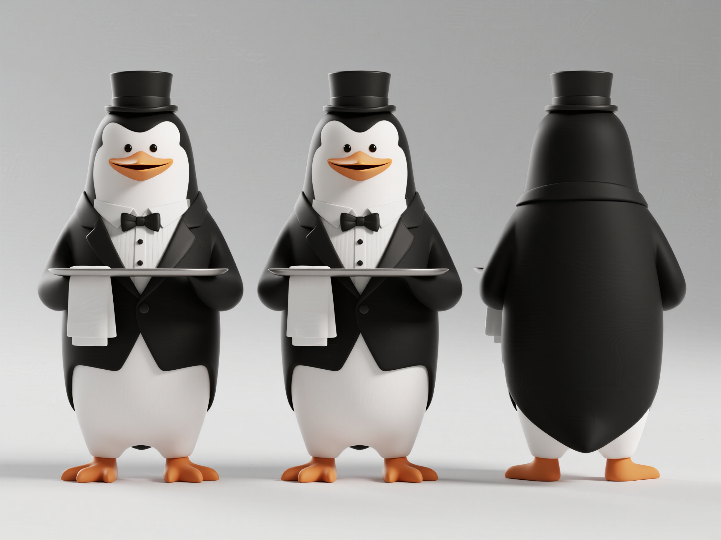 企鹅服务员IP形象,C4D建模风格,动物拟人IP设计,企鹅服务员形象,黑白燕尾服造型端托盘,优雅绅士风度,礼貌微笑服务姿态,三视图展示正面侧面背面,近距离景深,高端服务业气质,专业优雅氛围,精致建模作品