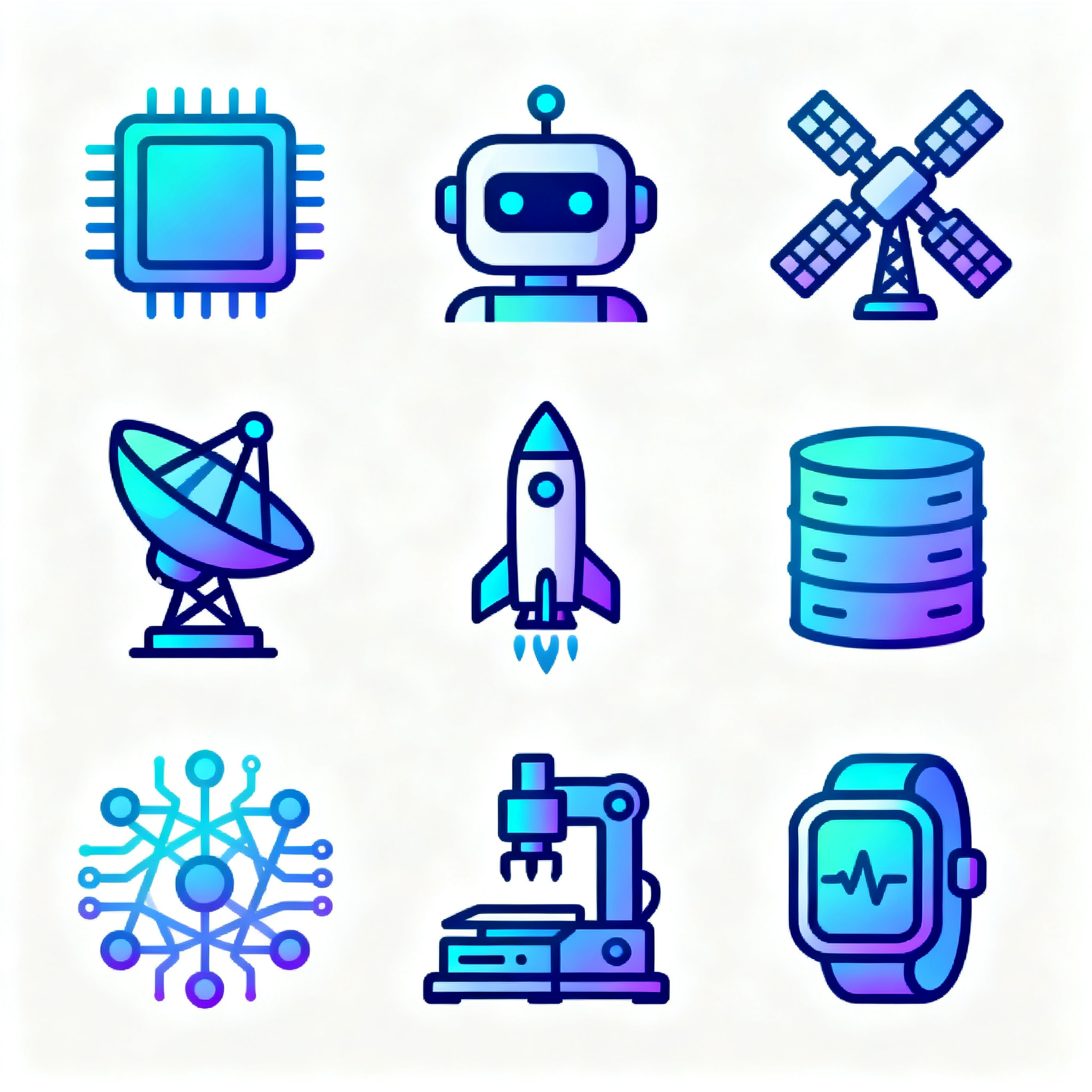 科技UI面性线性图标合集,科技类UI图标合集,九宫格排版,9个科技主题图标:芯片处理器、机器人头像、火箭发射、卫星天线、电路板、数据库、量子计算、3D打印机、智能手表,面性线性设计风格,蓝色渐变为主色调搭配青色紫色,线条精致细腻,渐变填充丰富,白色背景,现代科技美学,大师级工艺